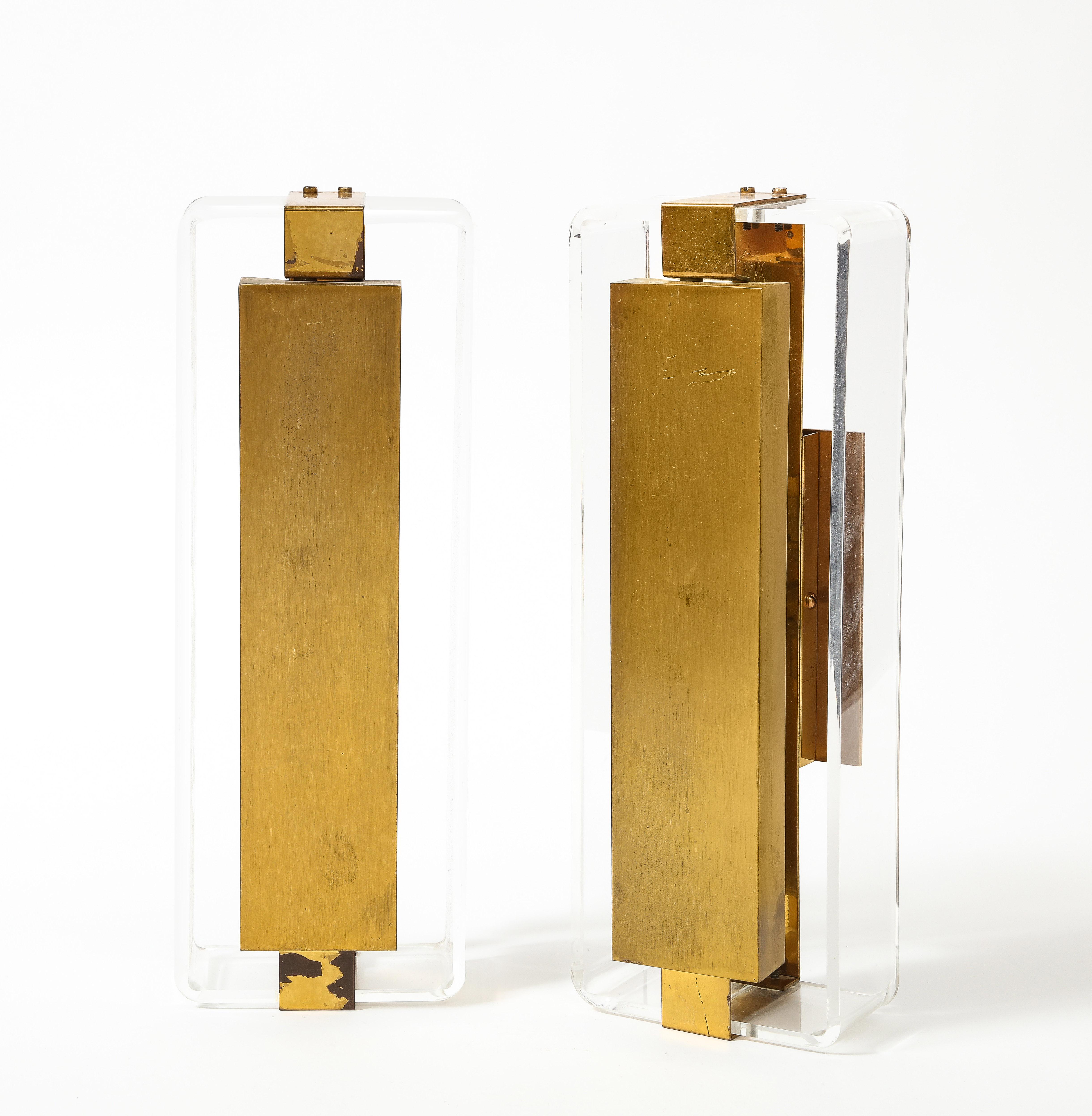 Lucite and Brass Sconces In Excellent Condition For Sale In New York City, NY
