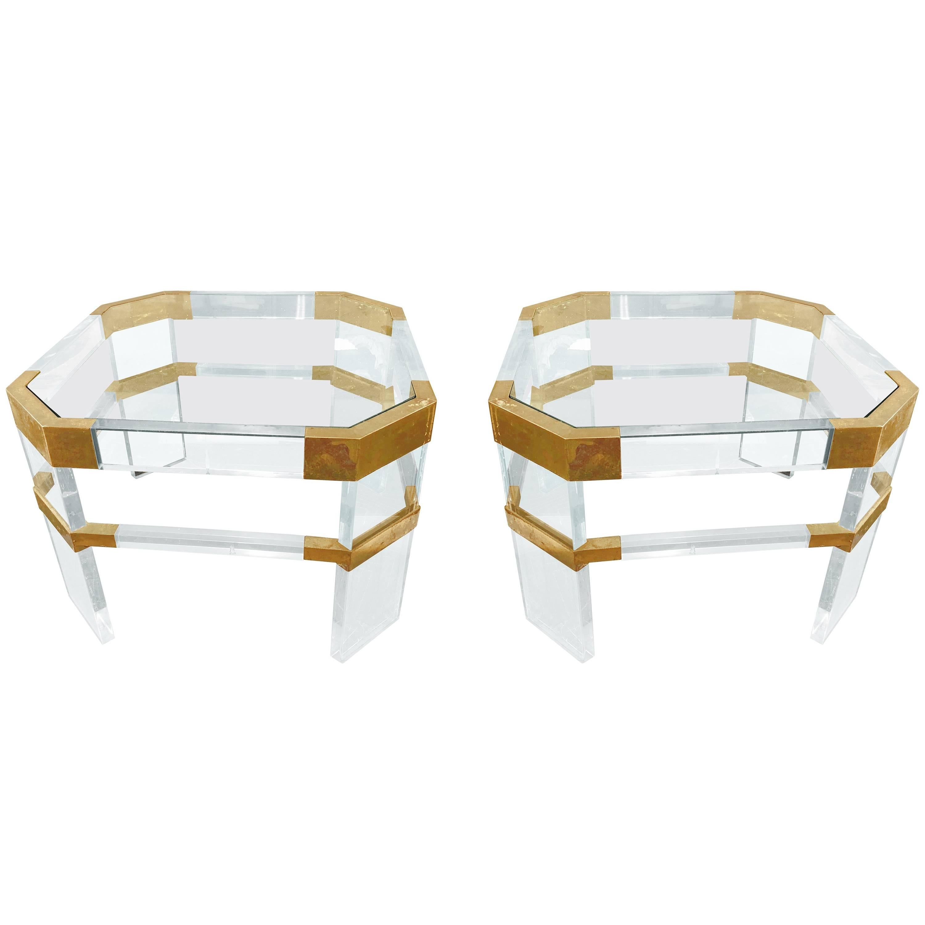 Lucite and Brass Side Tables by Charles Hollis Jones "Metric, Clipped Corner"