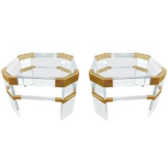 Lucite and Brass Side Tables by Charles Hollis Jones "Metric, Clipped Corner"