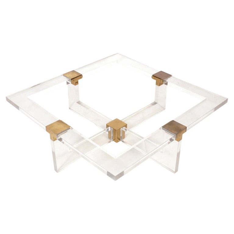 Lucite and Brass Square Coffee Table at 1stDibs