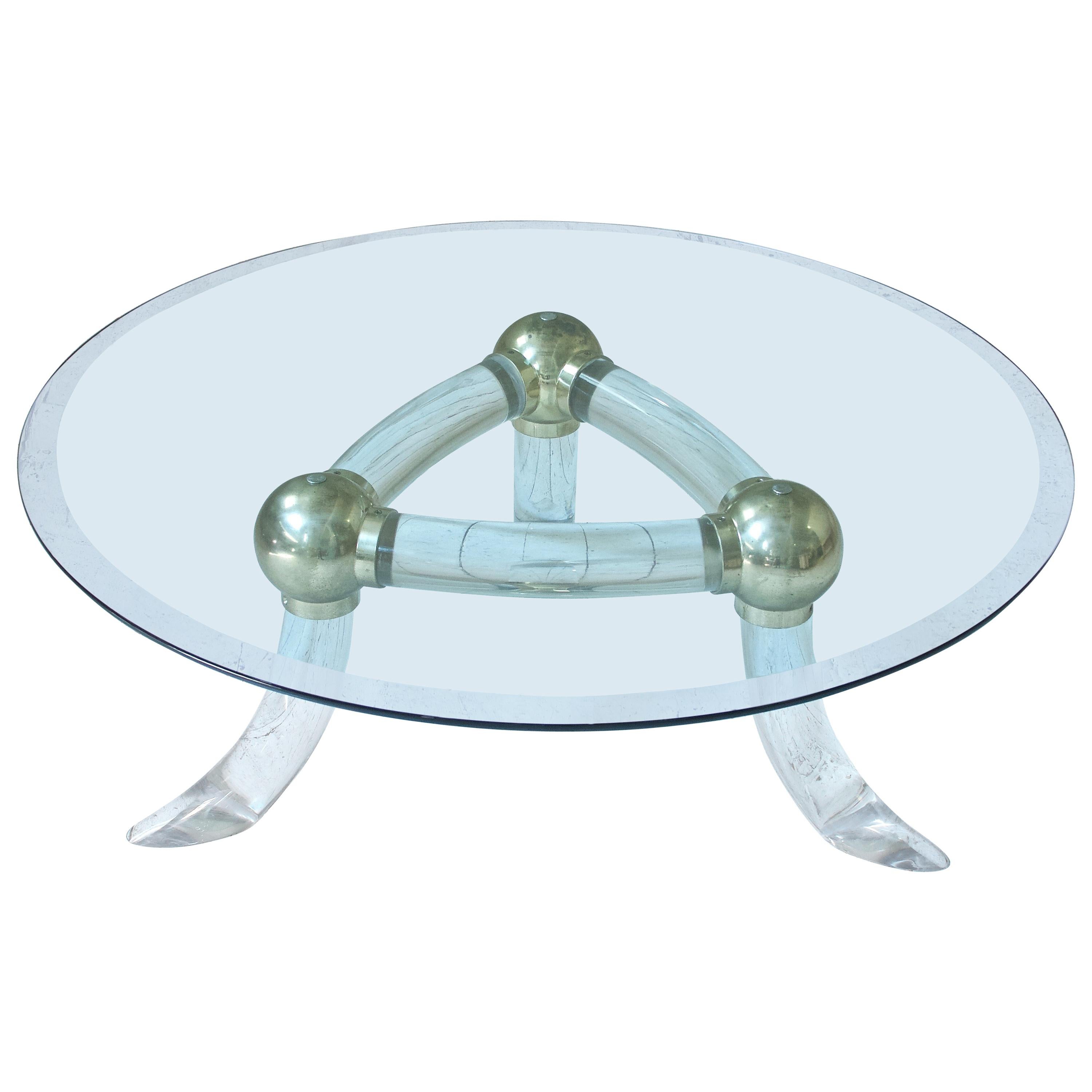 Lucite and Brass 'Tusk' Round Coffee Table, Italy, 1970s