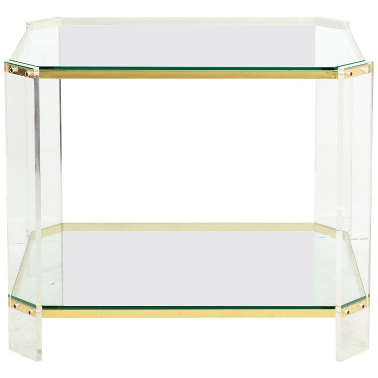 Lucite and Brass Two-Tier Rectangular Side Table at 1stDibs