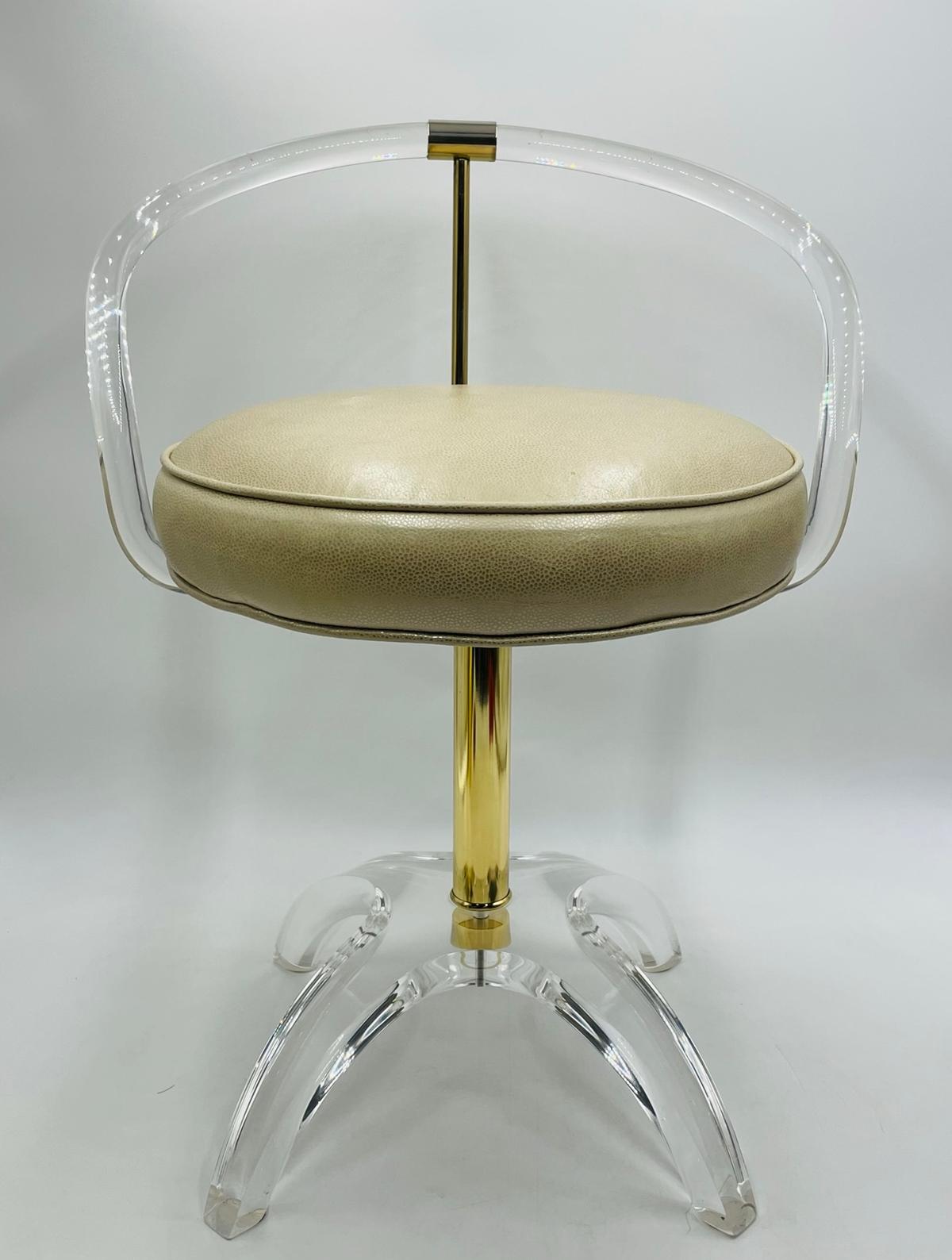 American Lucite and Brass Vanity Swivel Chair by Charles Hollis Jones For Sale