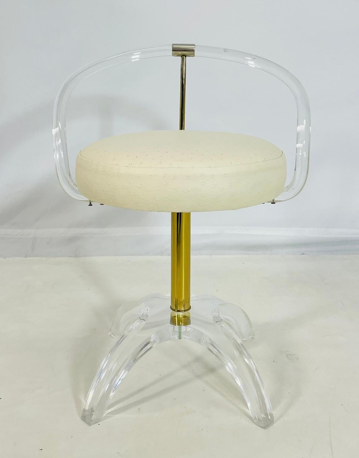 Mid-Century Modern Lucite and Brass Vanity Swivel Chair by Charles Hollis Jones, USA 1960's For Sale