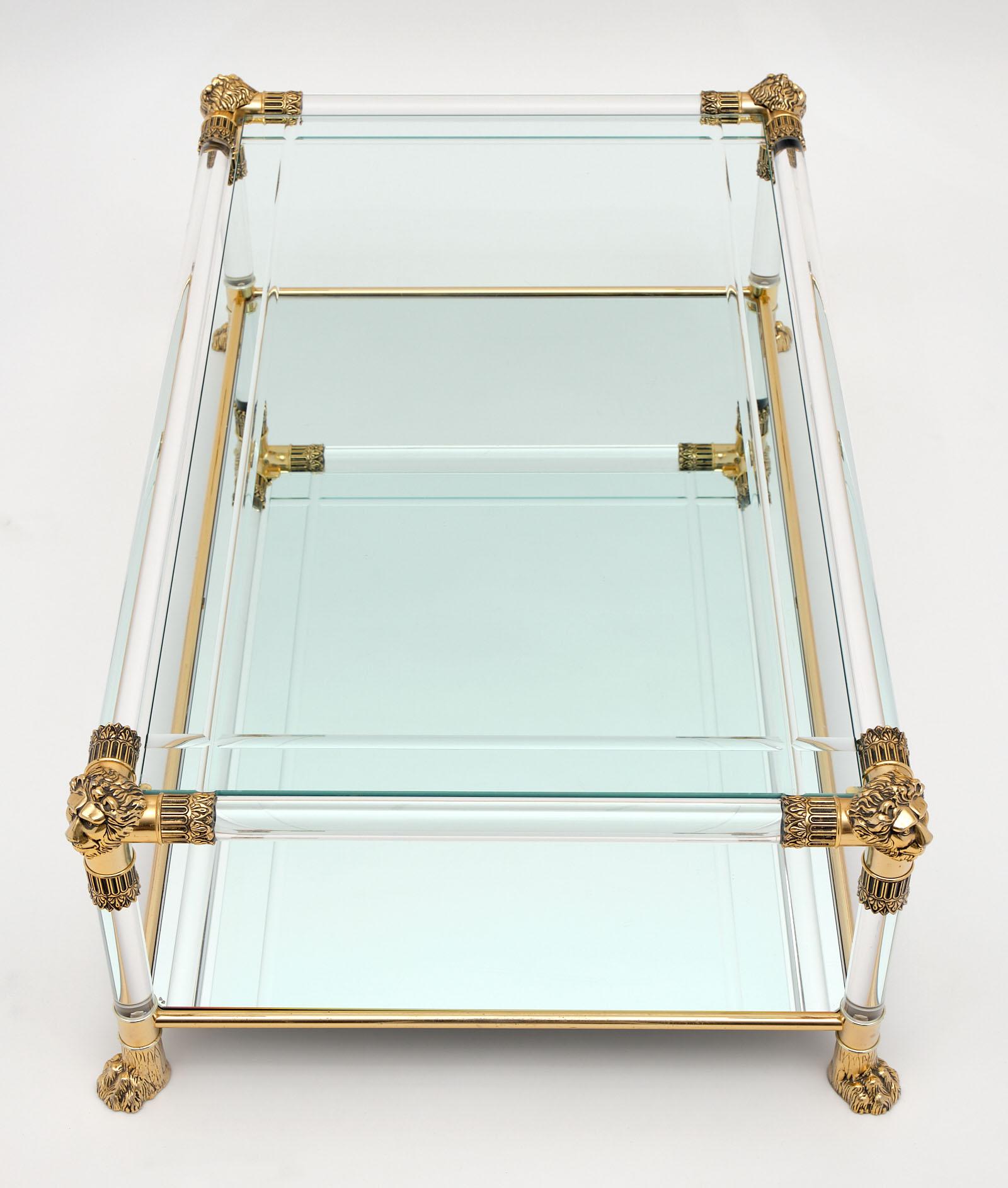 French Lucite and Brass Vintage Coffee Table by Raphael