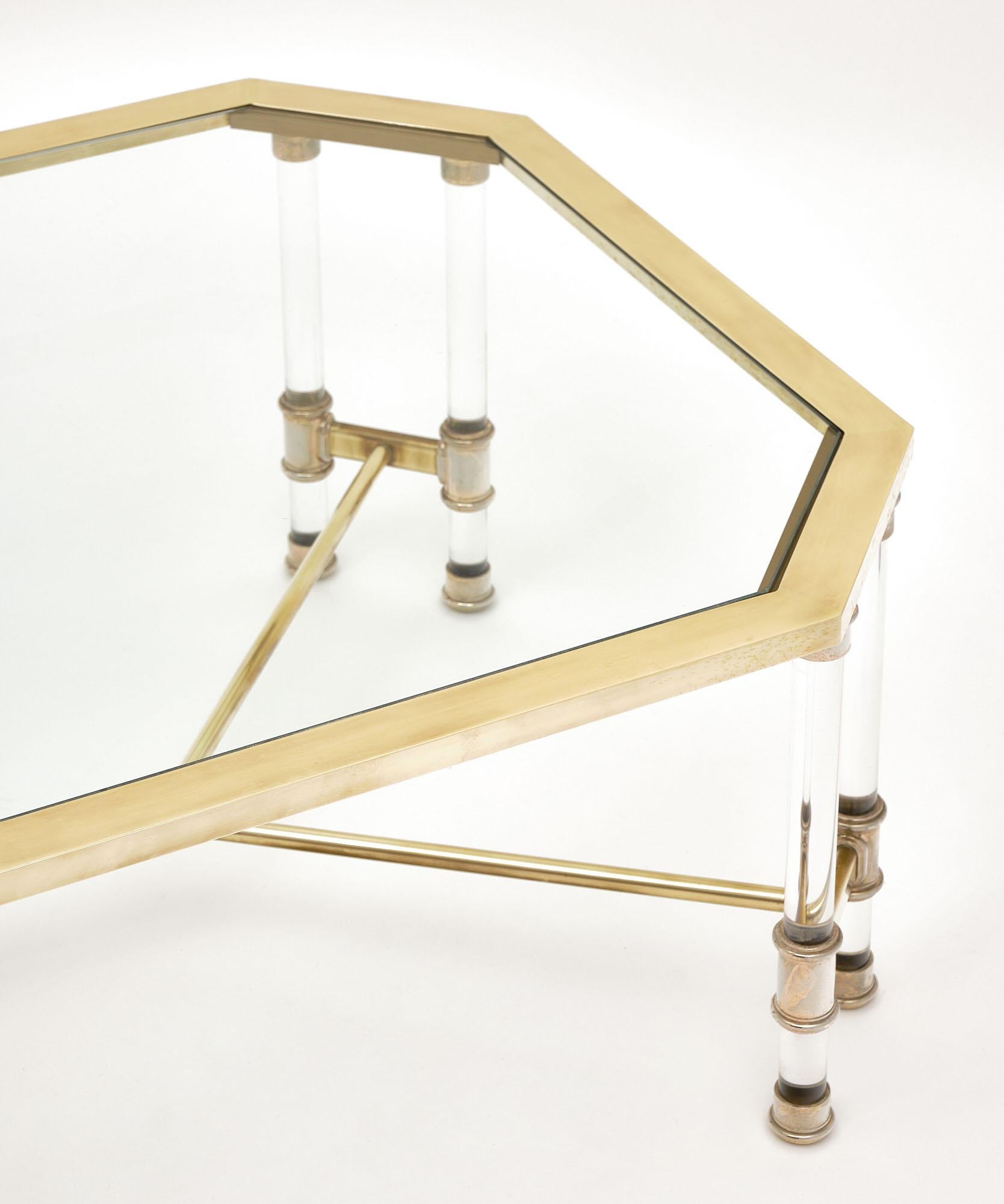 Mid-Century Modern Lucite and Brass Vintage French Coffee Table