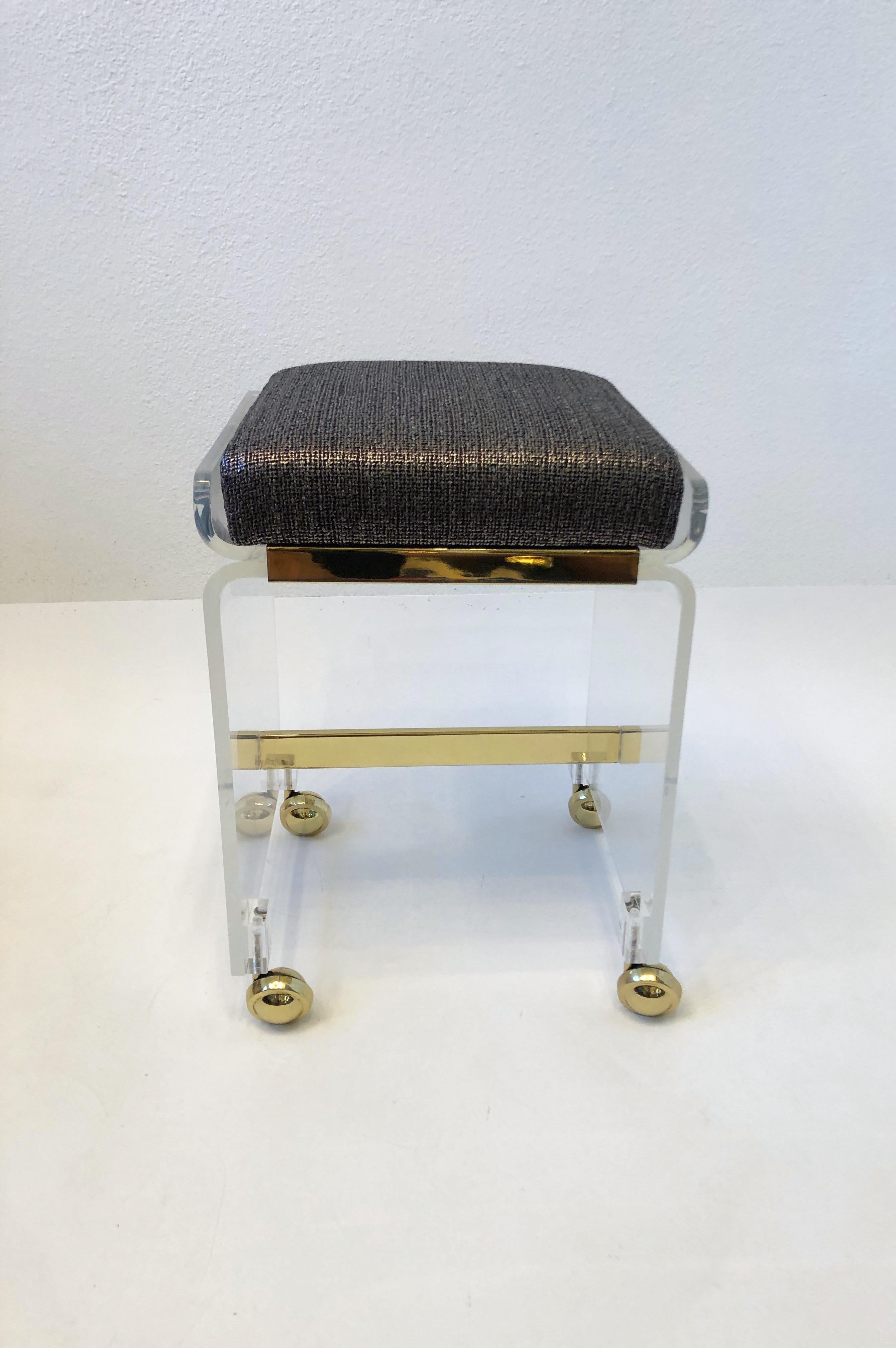 Polished Lucite and Brass Waterfall Vanity Stool by Charles Hollis Jones 