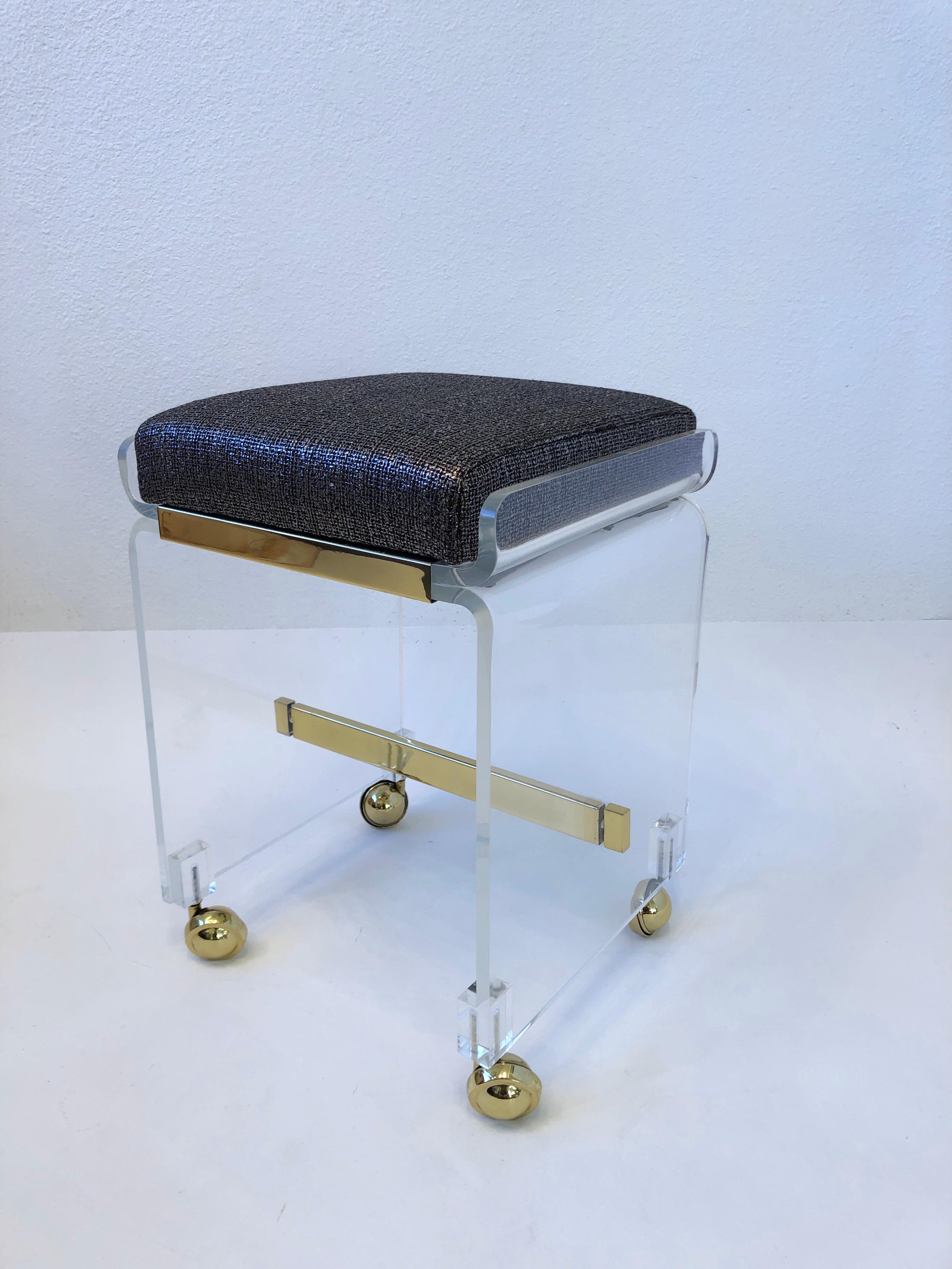 Lucite and Brass Waterfall Vanity Stool by Charles Hollis Jones  1