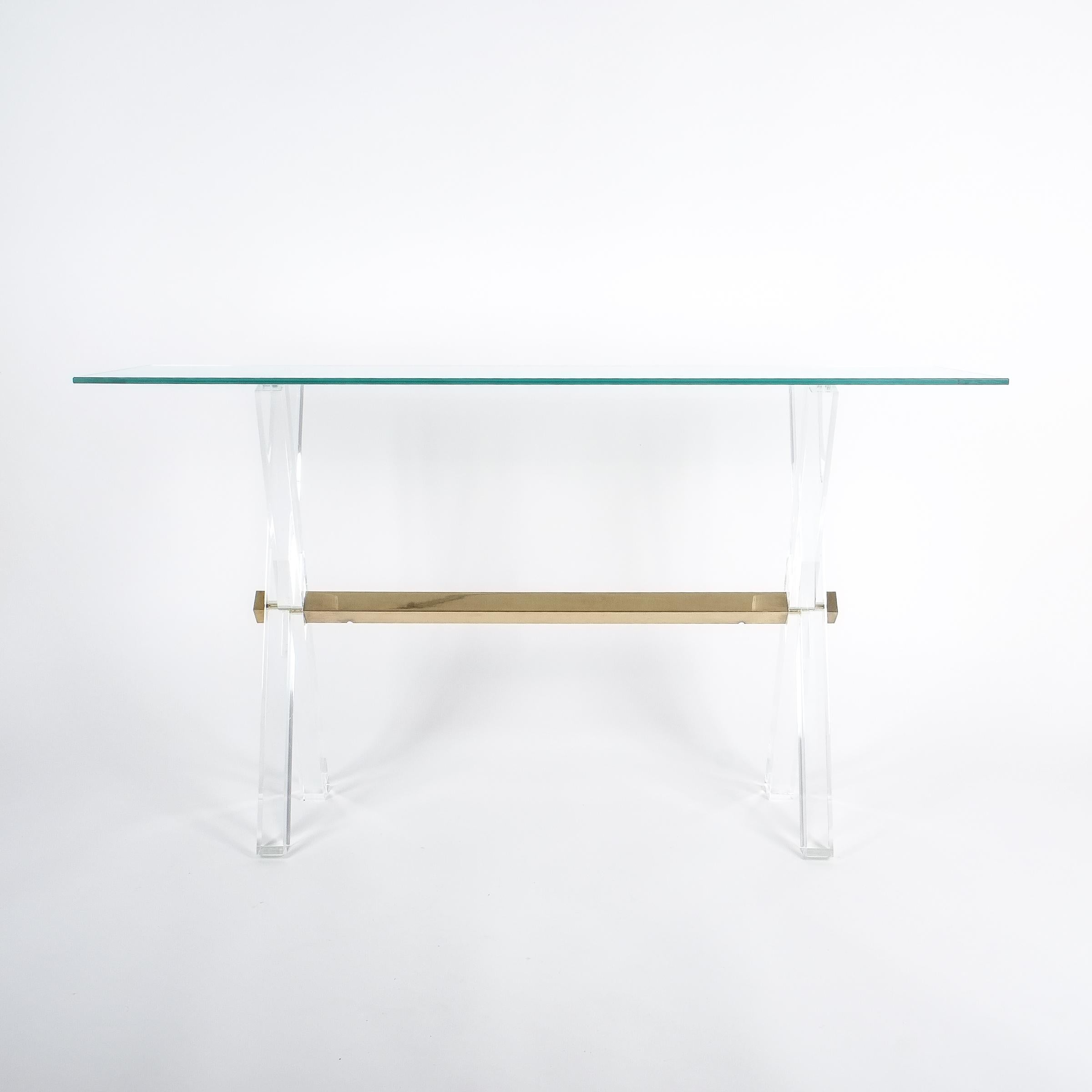 Console Table Lucite and Brass X Frame, circa 1970 For Sale 4