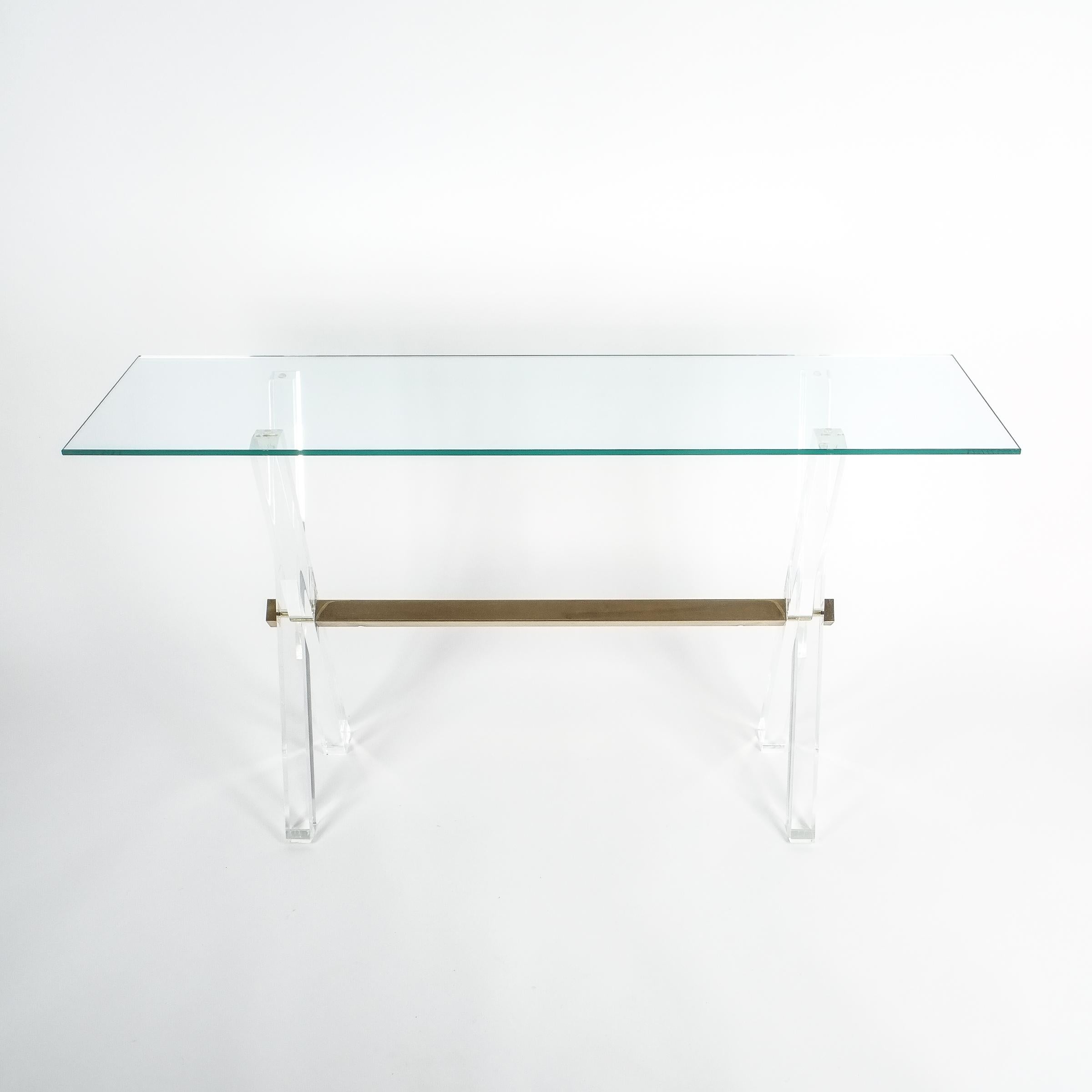 Console Table Lucite and Brass X Frame, circa 1970 For Sale 5