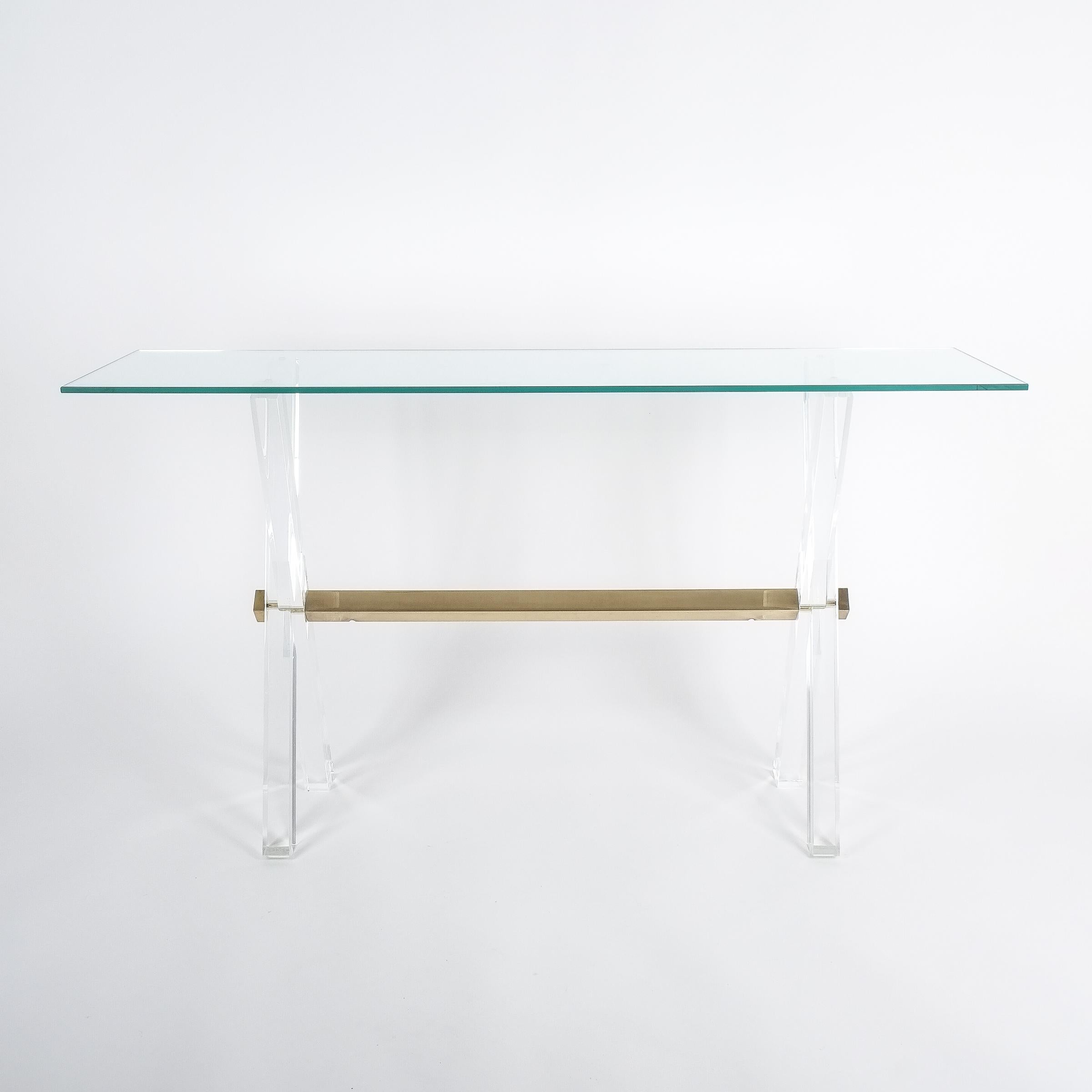 Console Table Lucite and Brass X Frame, circa 1970 For Sale 6