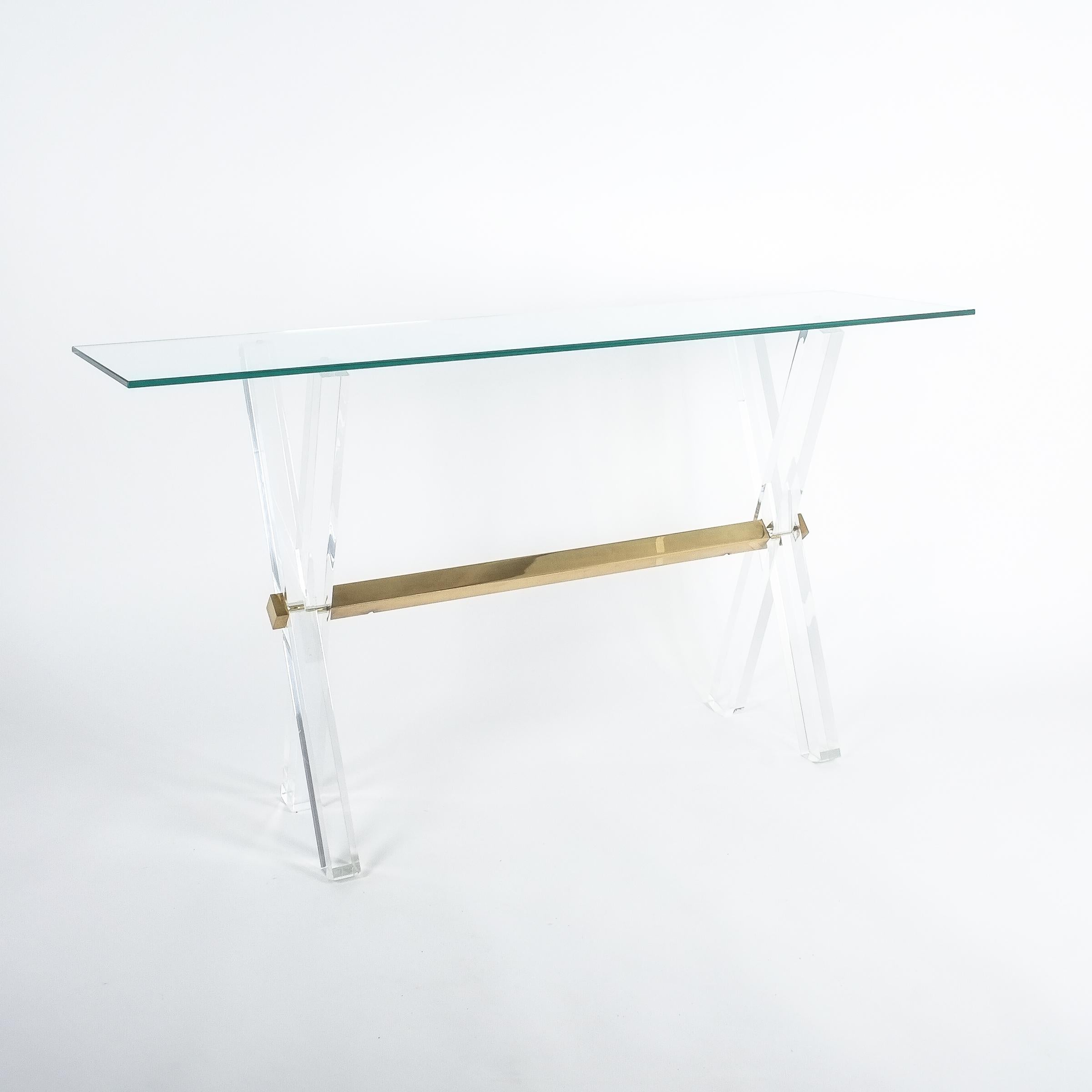 Console Table Lucite and Brass X Frame, circa 1970 For Sale 7