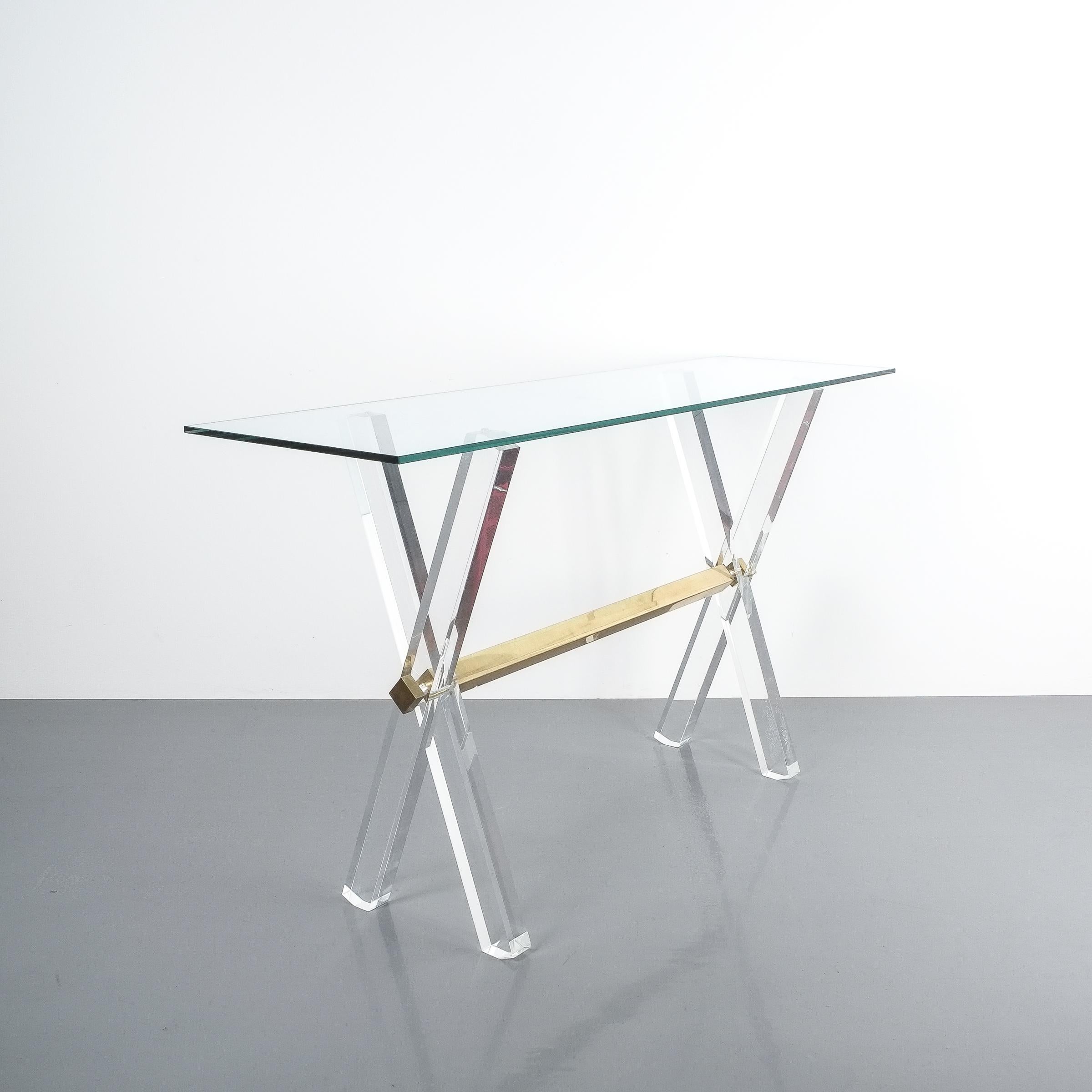Mid-Century Modern Console Table Lucite and Brass X Frame, circa 1970 For Sale