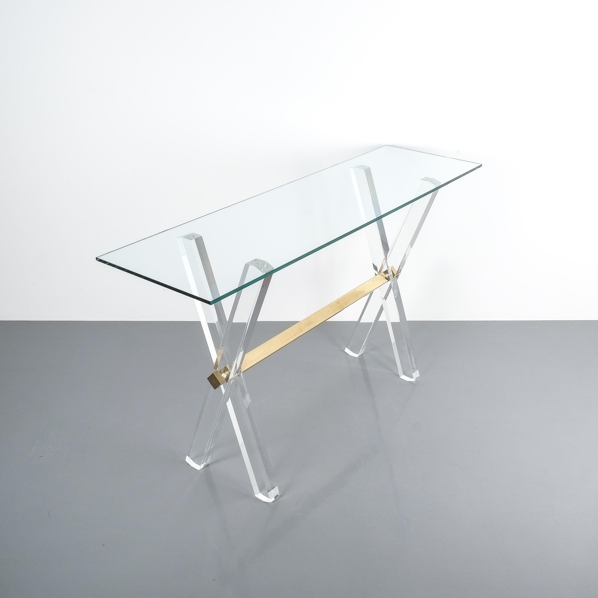 Late 20th Century Console Table Lucite and Brass X Frame, circa 1970 For Sale