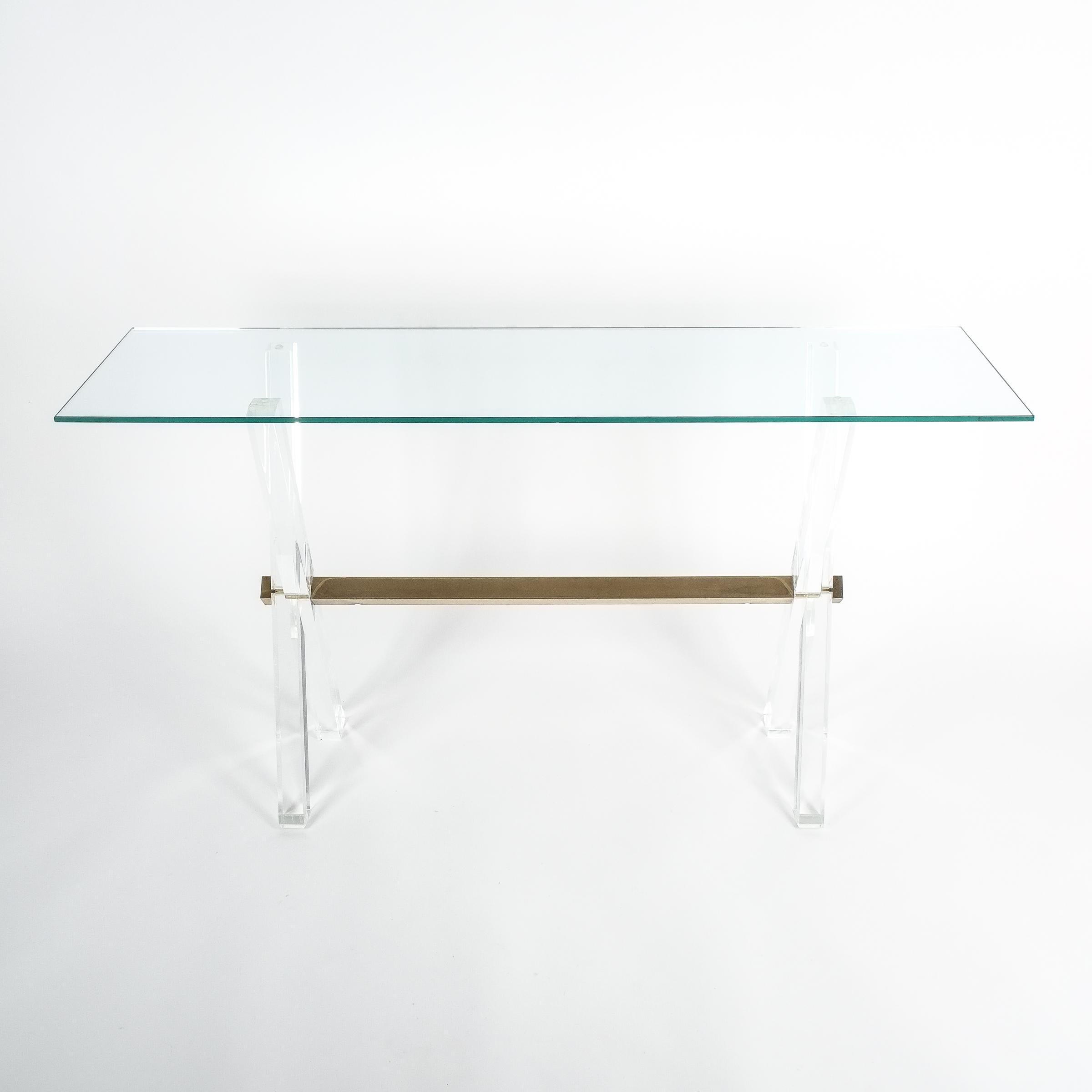 Console Table Lucite and Brass X Frame, circa 1970 For Sale 3