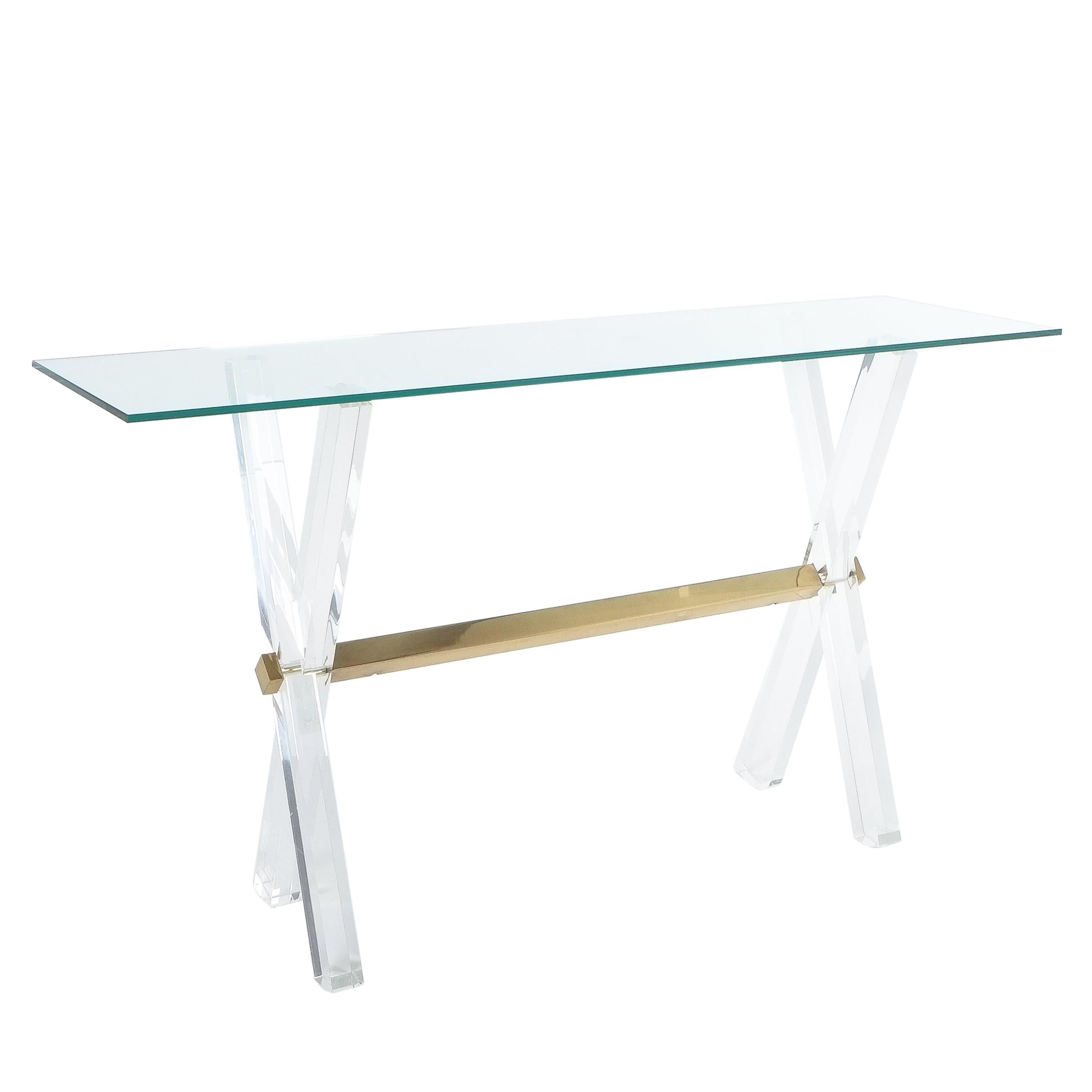 Console Table Lucite and Brass X Frame, circa 1970 For Sale