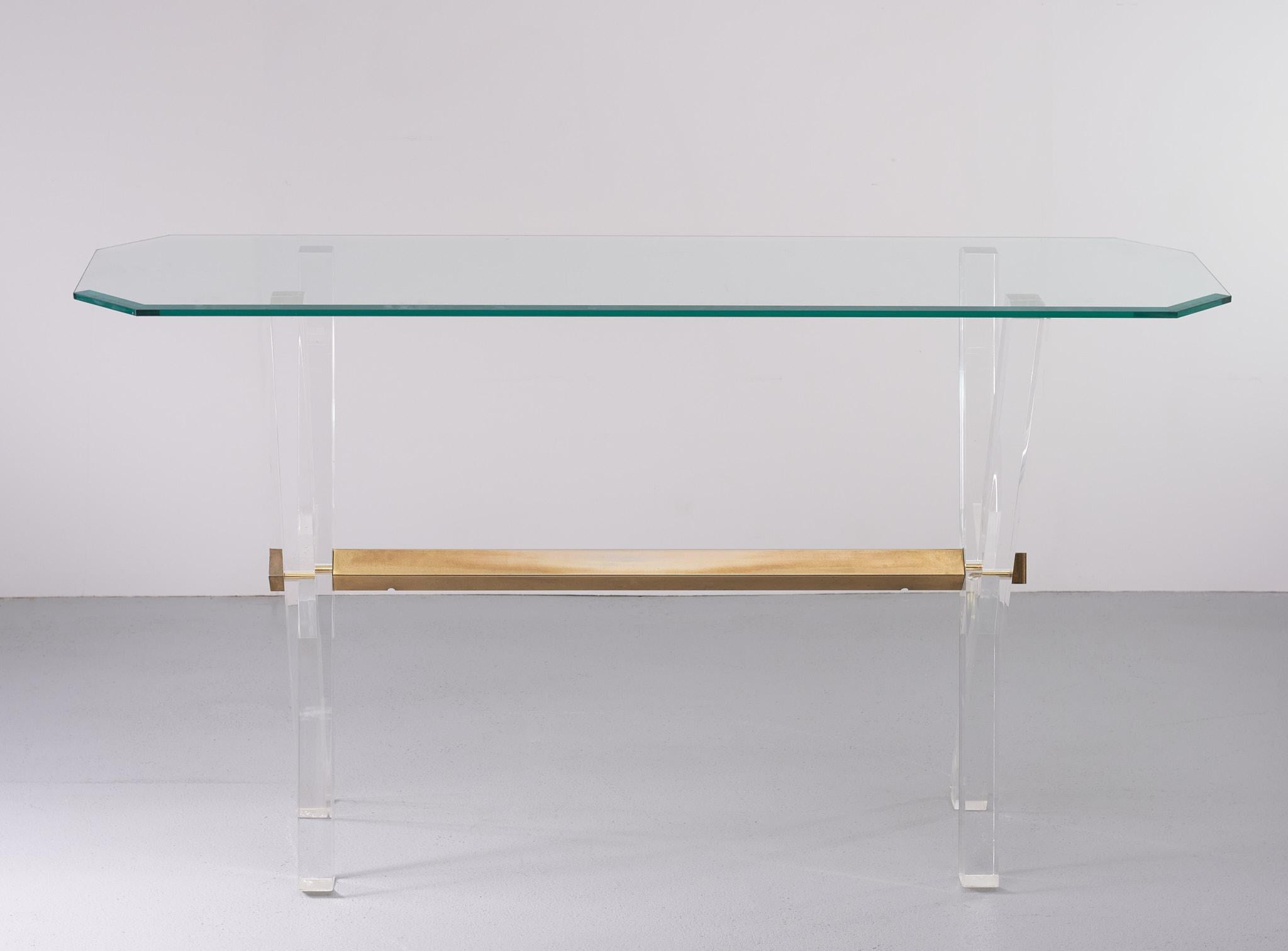 Hollywood Regency Lucite and Brass X Frame Console Table, France 1970s