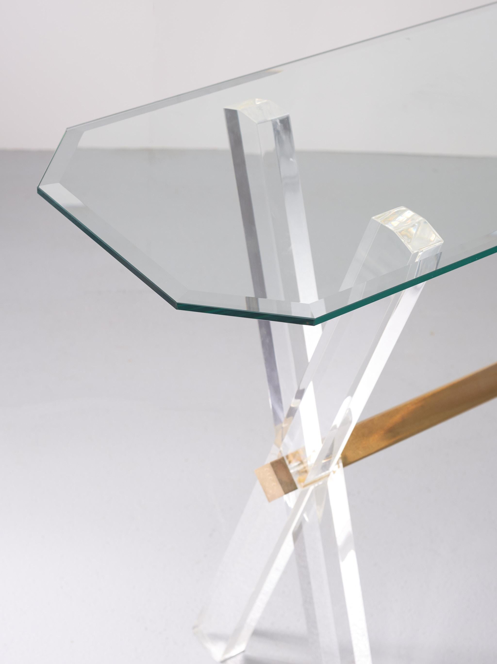 Lucite and Brass X Frame Console Table, France 1970s 1