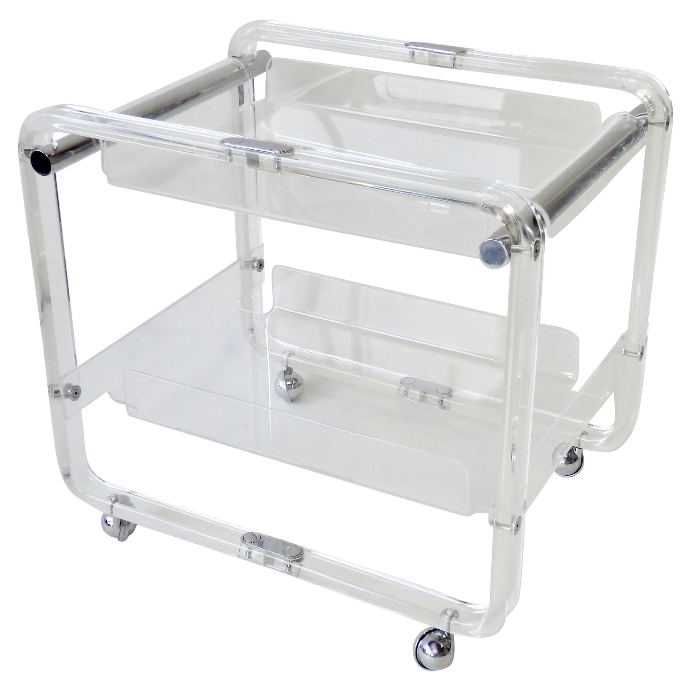 Lucite and Chrome Drinks Cart with Removable Top Tier Serving Tray
