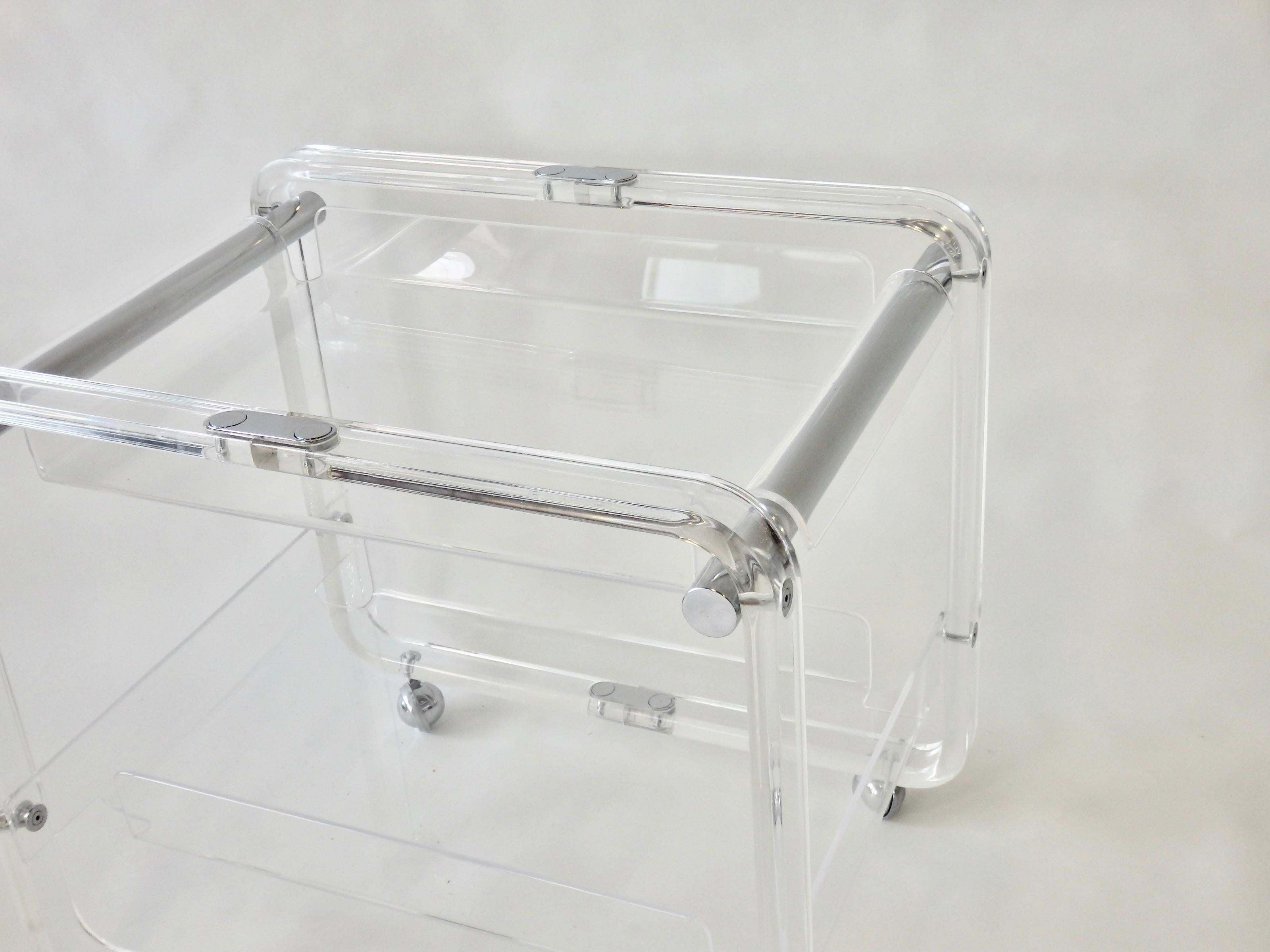 Mid-Century Modern Lucite and Chrome Drinks Cart with Removable Top Tier Serving Tray
