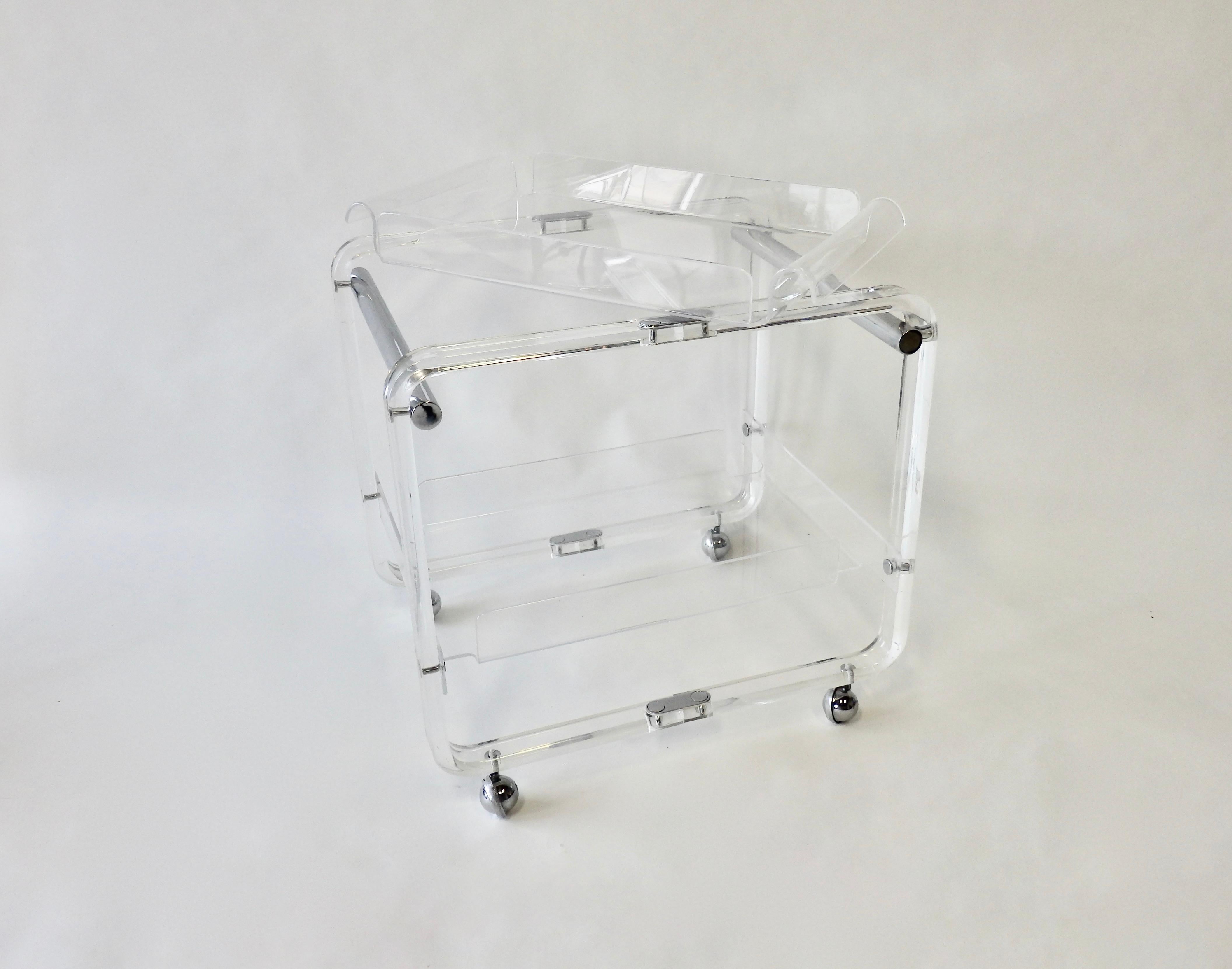 American Lucite and Chrome Drinks Cart with Removable Top Tier Serving Tray
