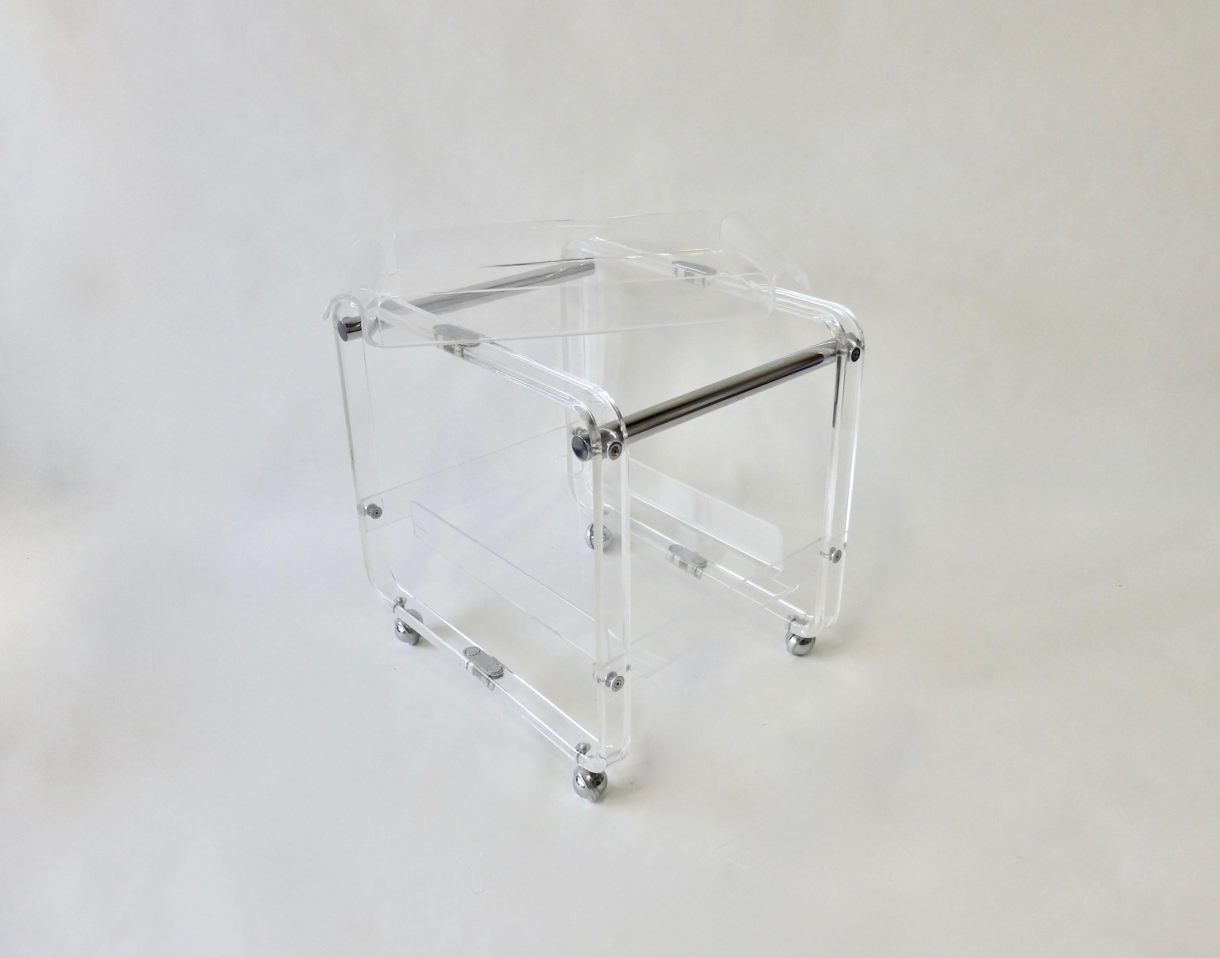 20th Century Lucite and Chrome Drinks Cart with Removable Top Tier Serving Tray
