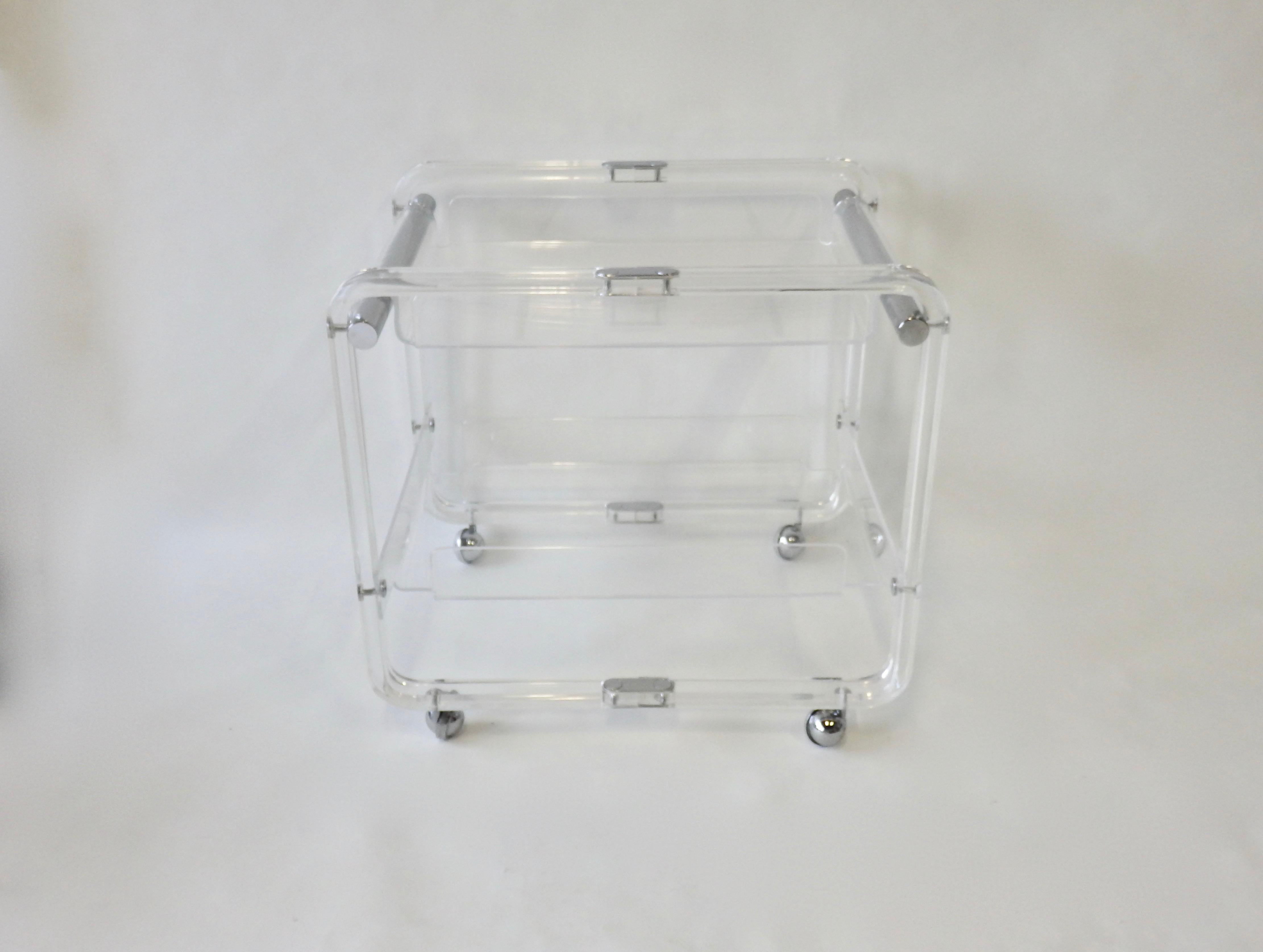Lucite and Chrome Drinks Cart with Removable Top Tier Serving Tray 1