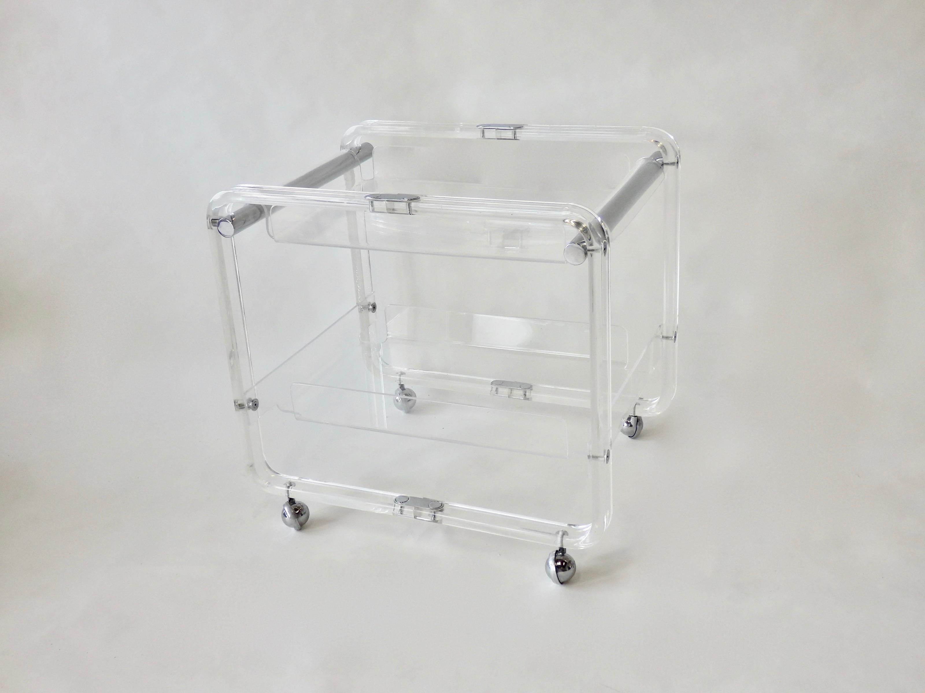 Lucite and Chrome Drinks Cart with Removable Top Tier Serving Tray 2