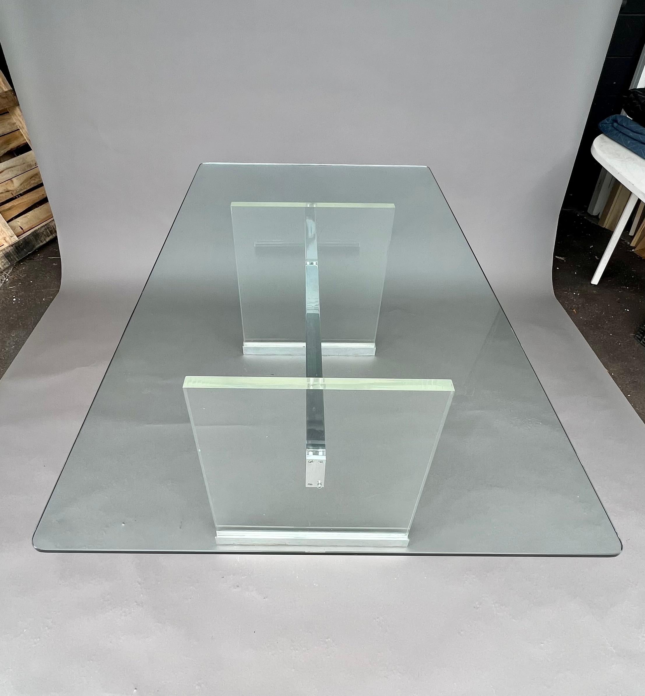 Modern Lucite and Chrome I-Beam Dining Table with Glass Top For Sale