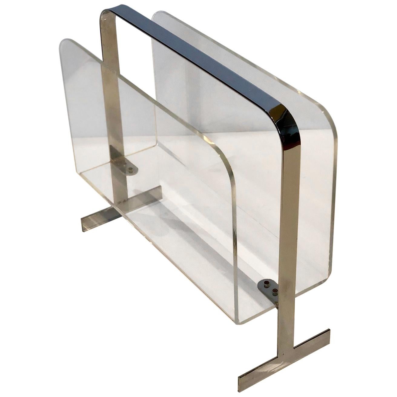 Lucite and Chrome Magazine Holder Attributed to Milo Baughman