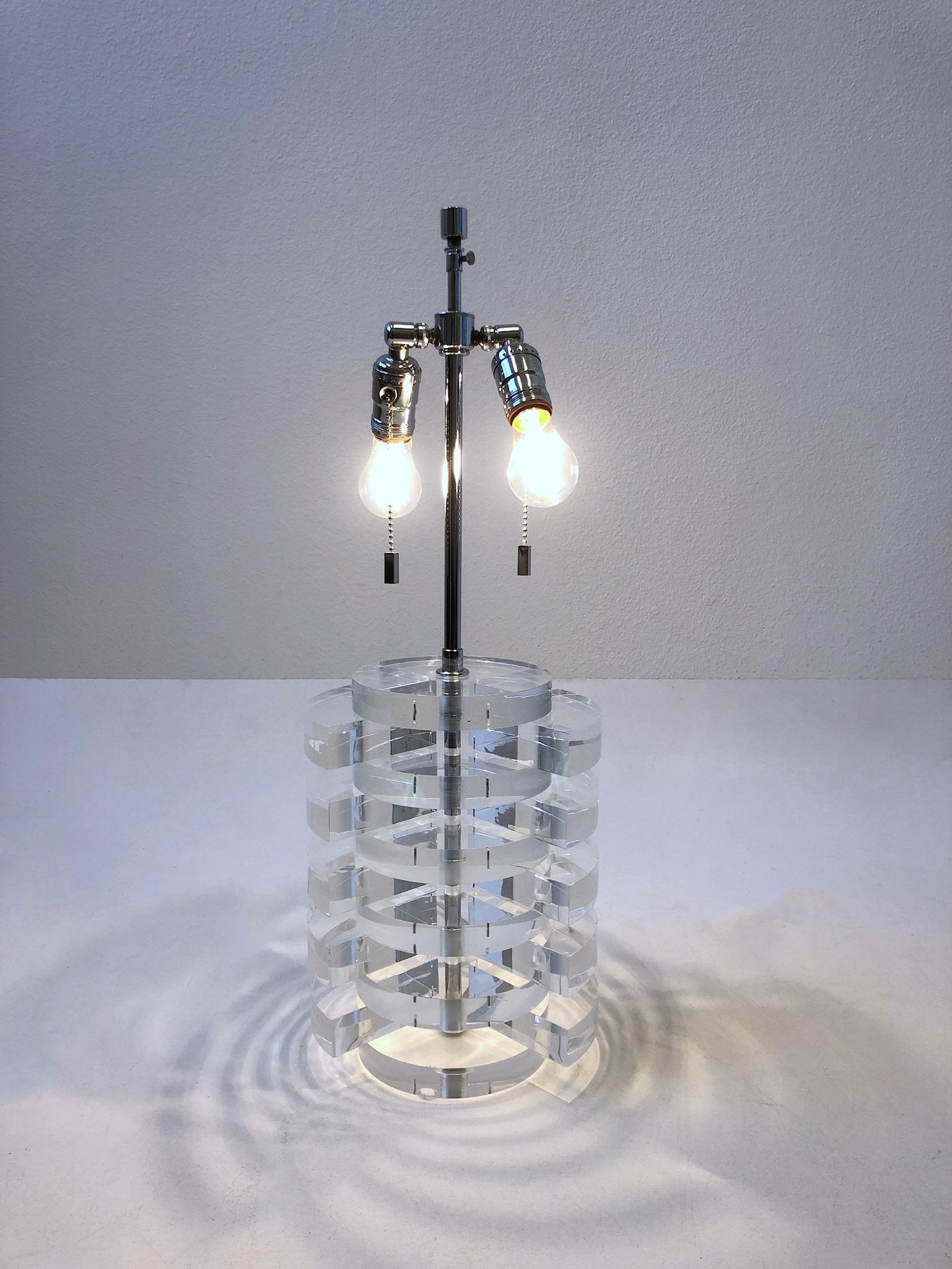 Linen Lucite and Chrome Table Lamp by Karl Springer