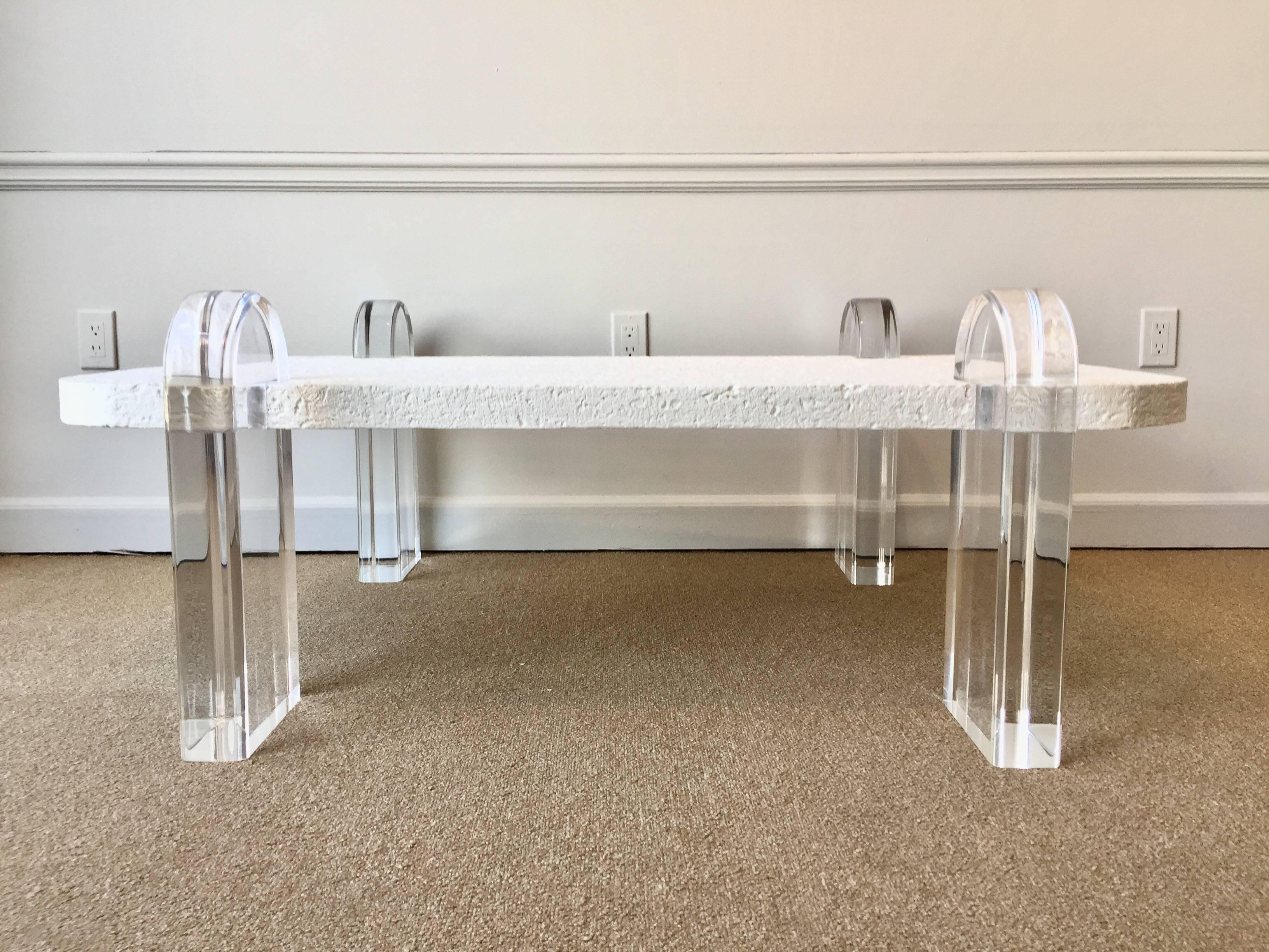 American Lucite and Coral Stone Coffee Table For Sale