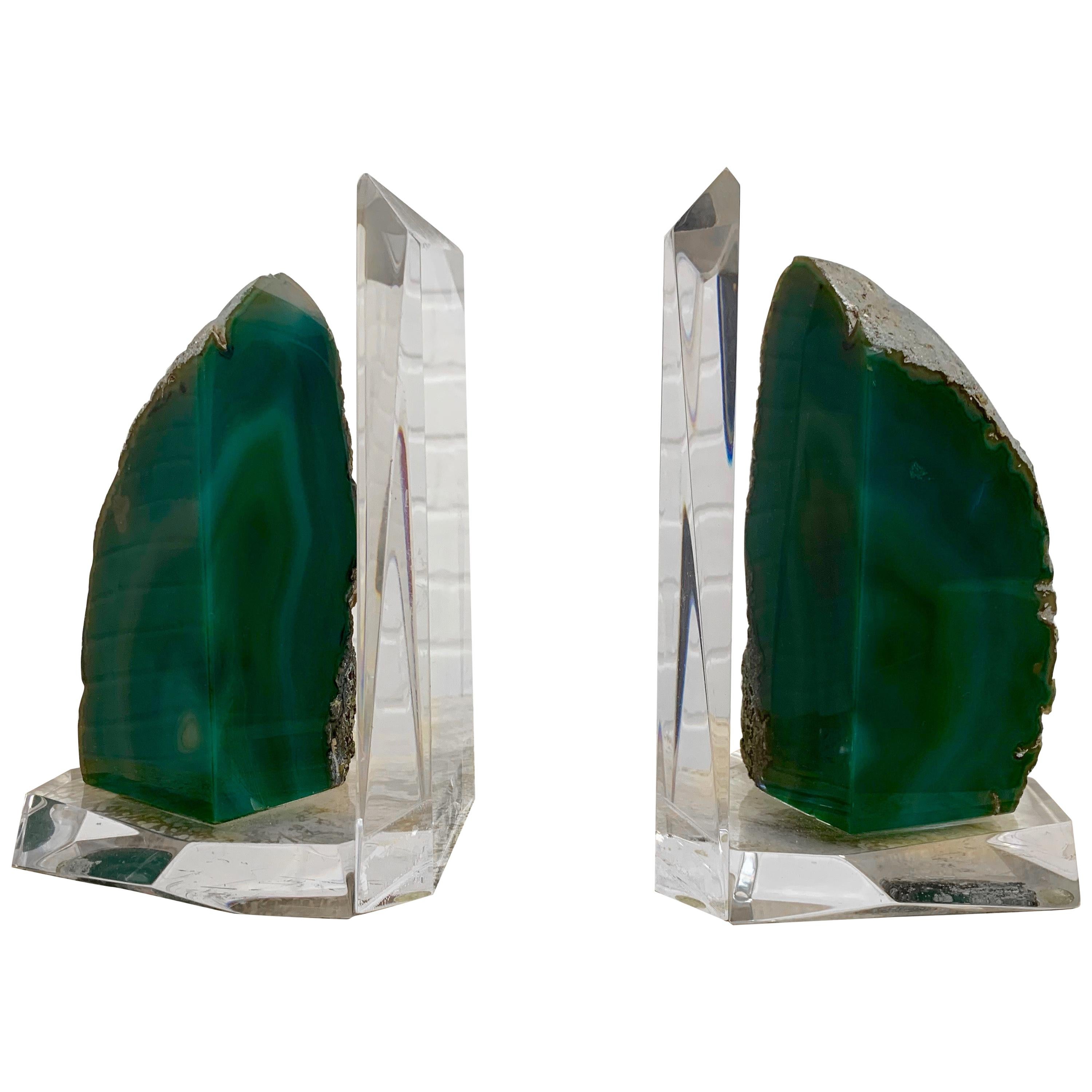 Lucite and Emerald Geode Bookends