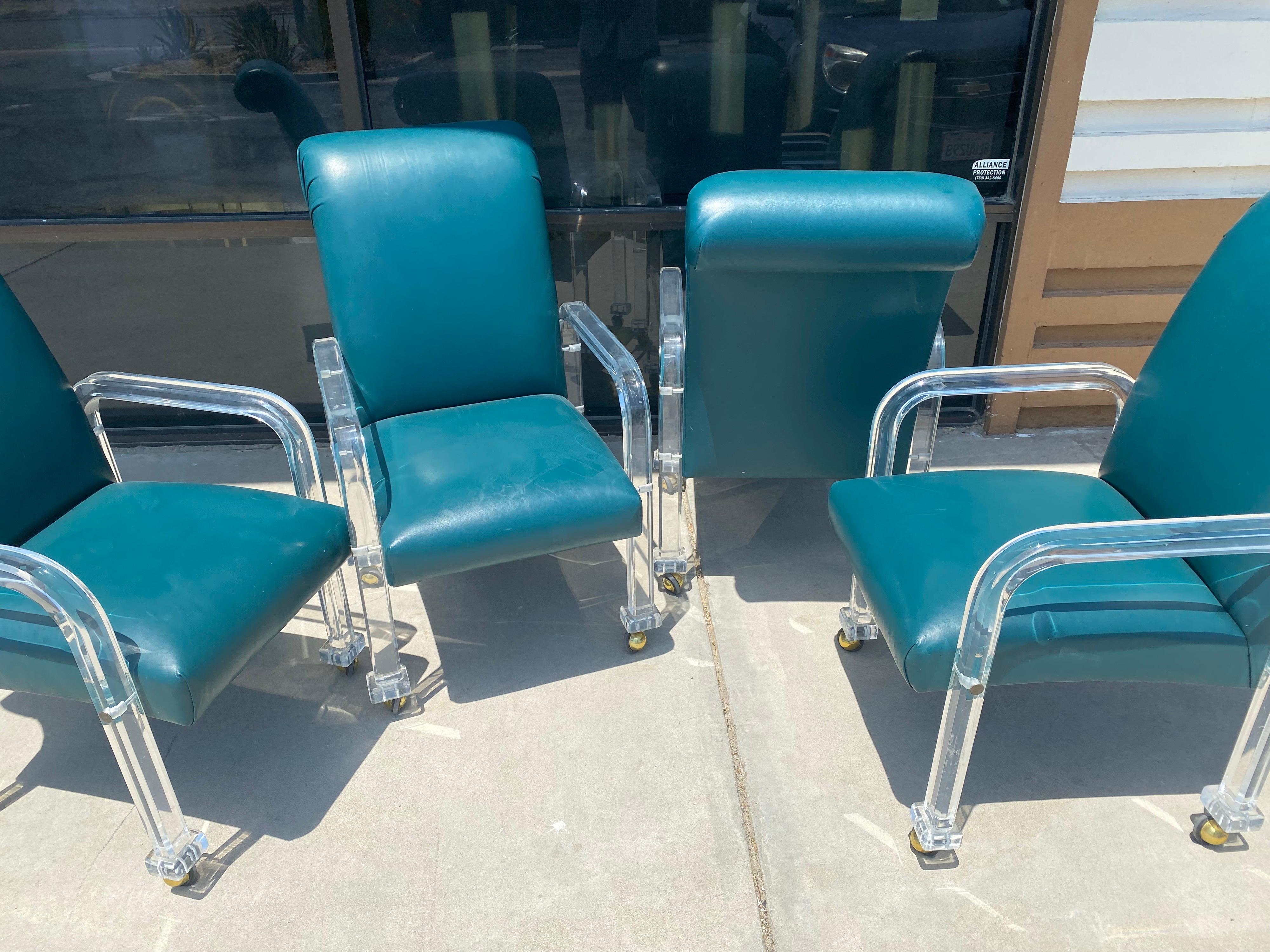 Vintage Lucite and Emerald Green Leather Set of 4 Dining/Game Chairs on Casters For Sale 2