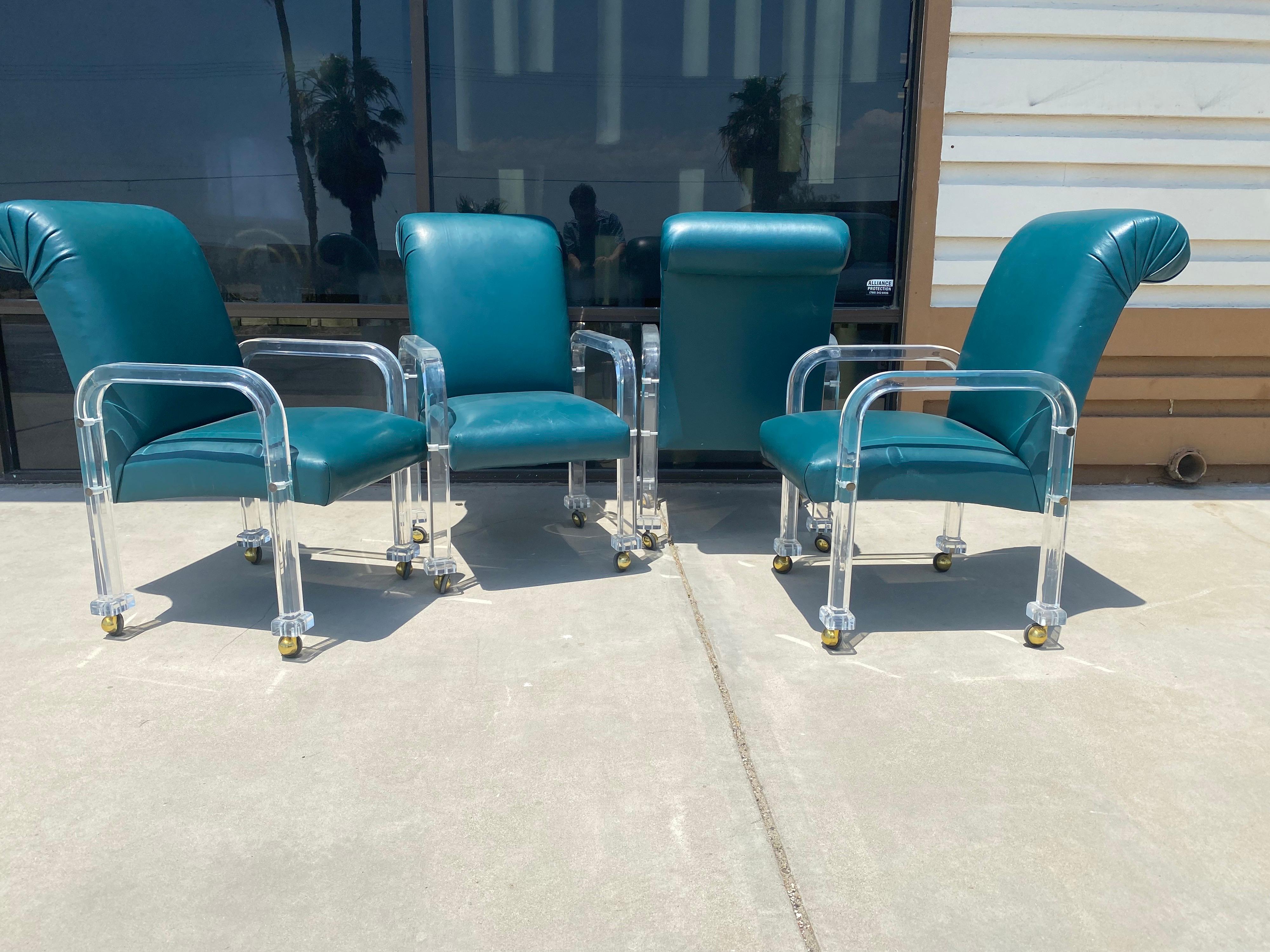 Vintage Lucite and Emerald Green Leather Set of 4 Dining/Game Chairs on Casters For Sale 3