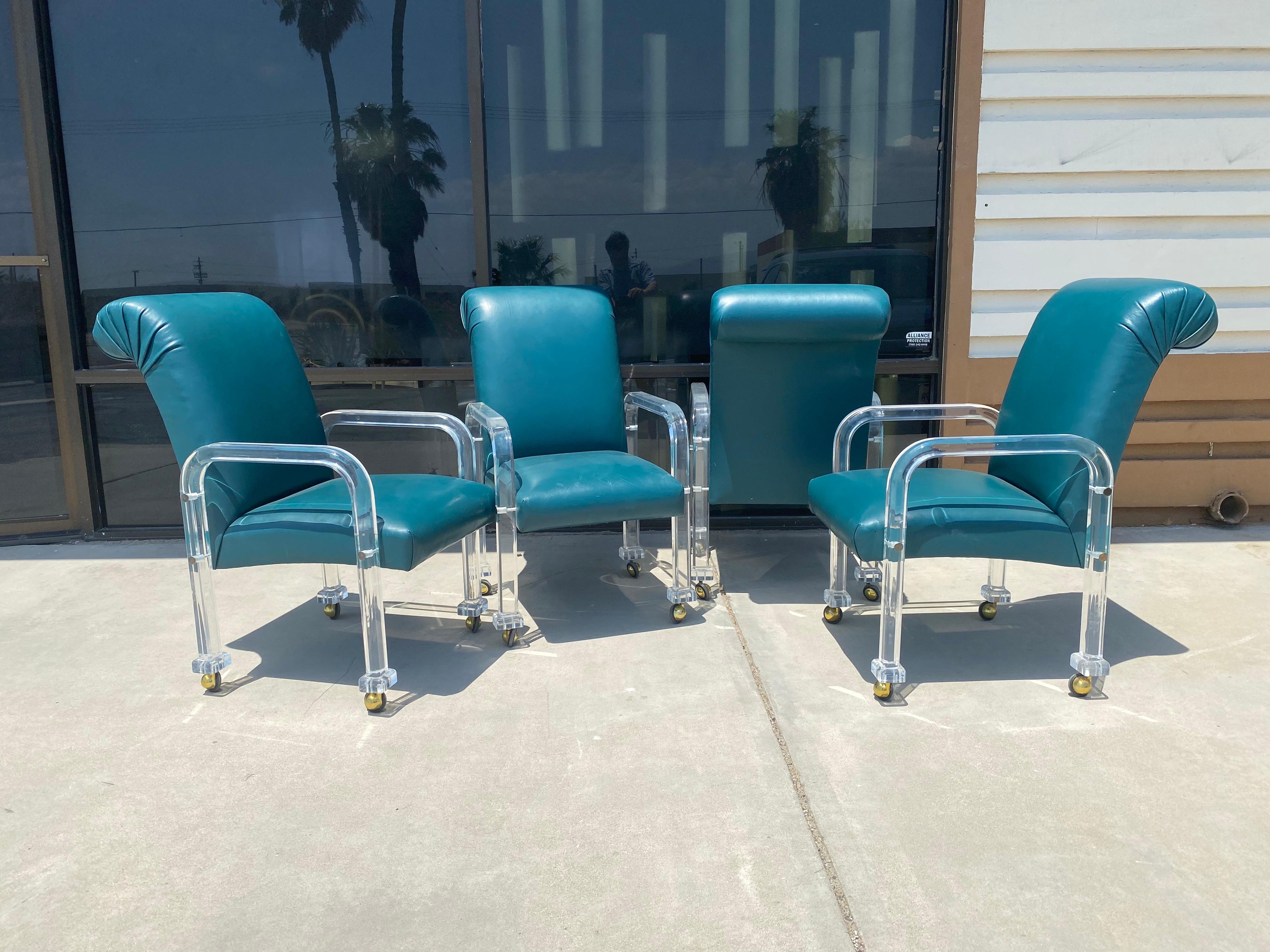 Vintage Lucite and Emerald Green Leather Set of 4 Dining/Game Chairs on Casters For Sale 4