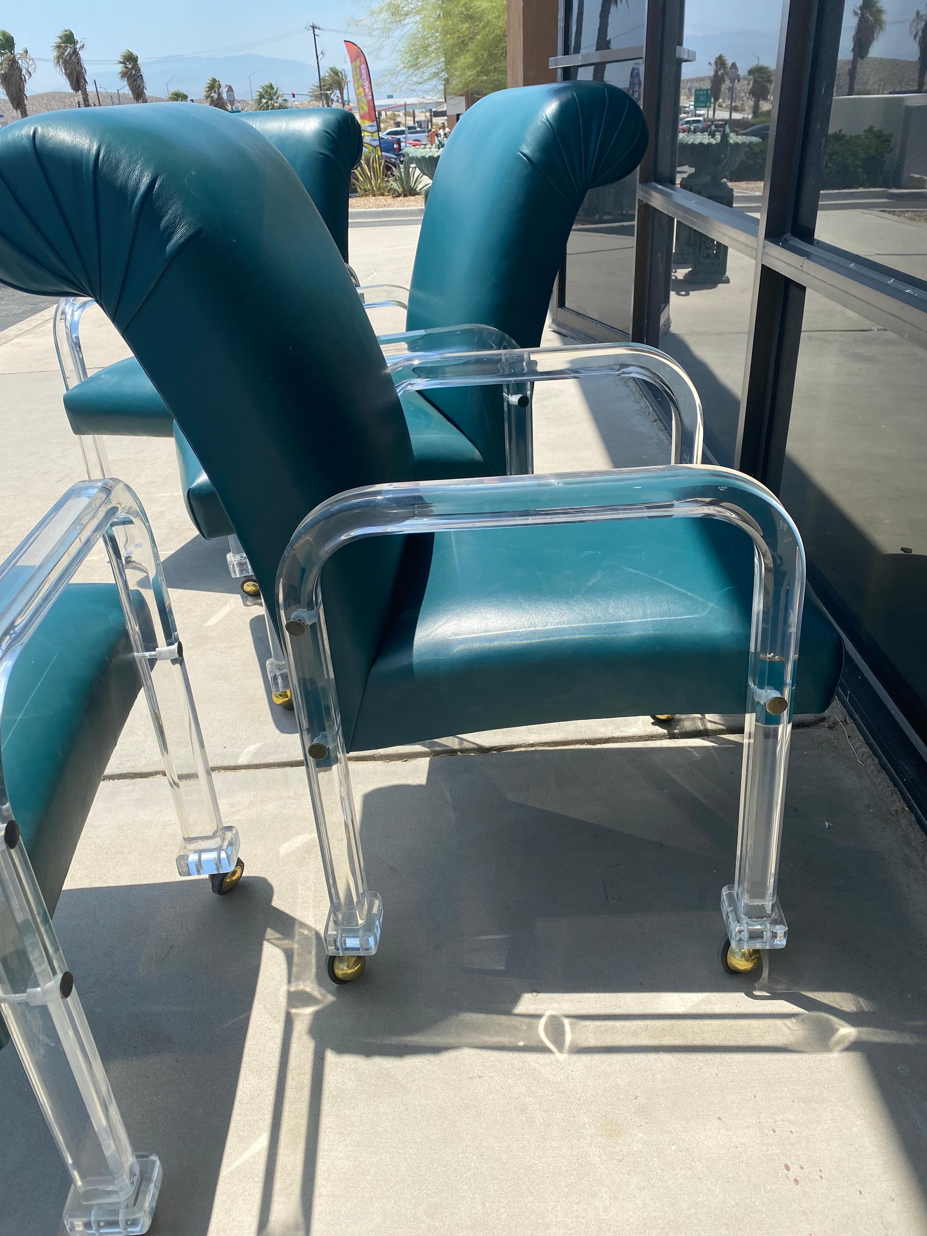 Hand-Crafted Vintage Lucite and Emerald Green Leather Set of 4 Dining/Game Chairs on Casters For Sale