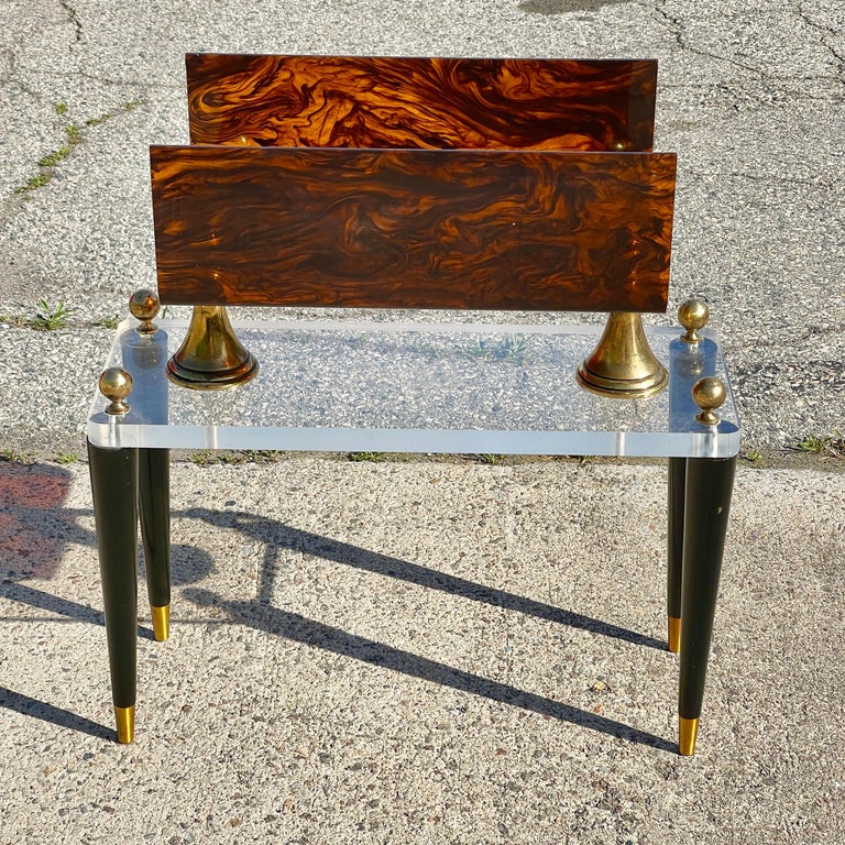 Hollywood Regency Lucite and Faux Tortoiseshell Magazine Stand For Sale