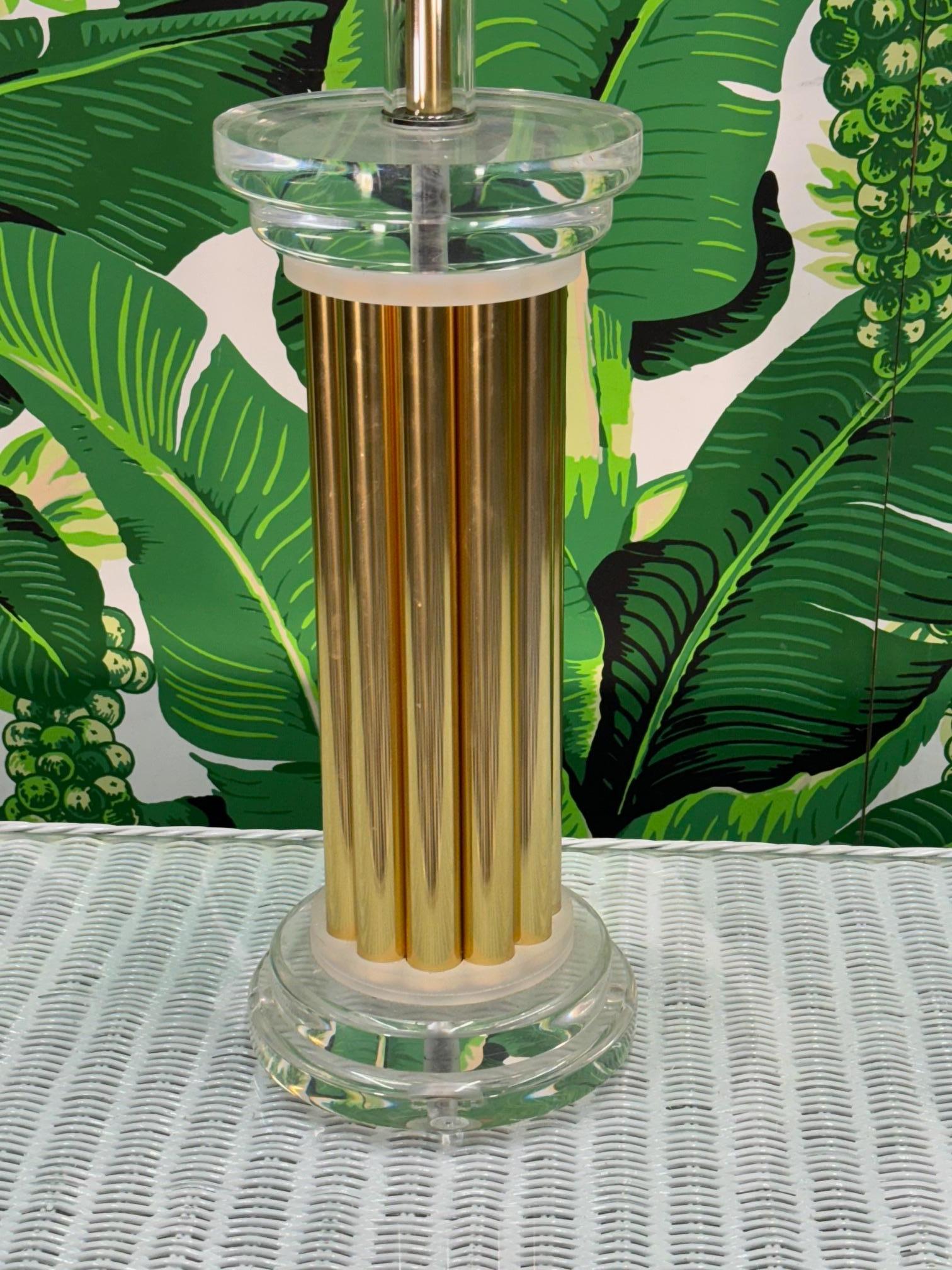Hollywood Regency Lucite and Fluted Brass Table Lamp For Sale