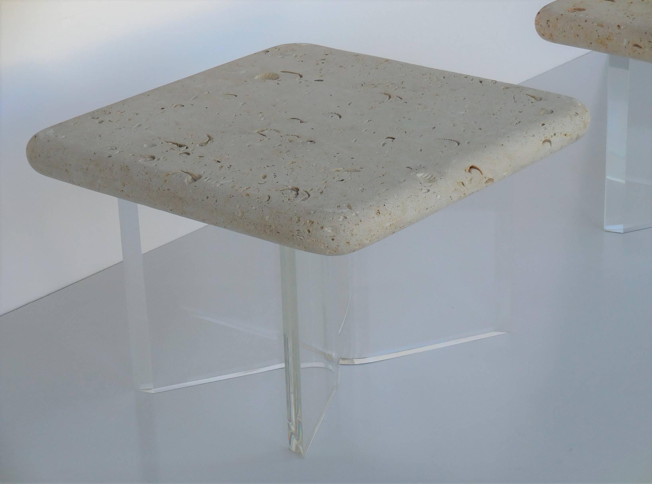 American Lucite and Fossil Stone Pair of Side Tables, 1970s