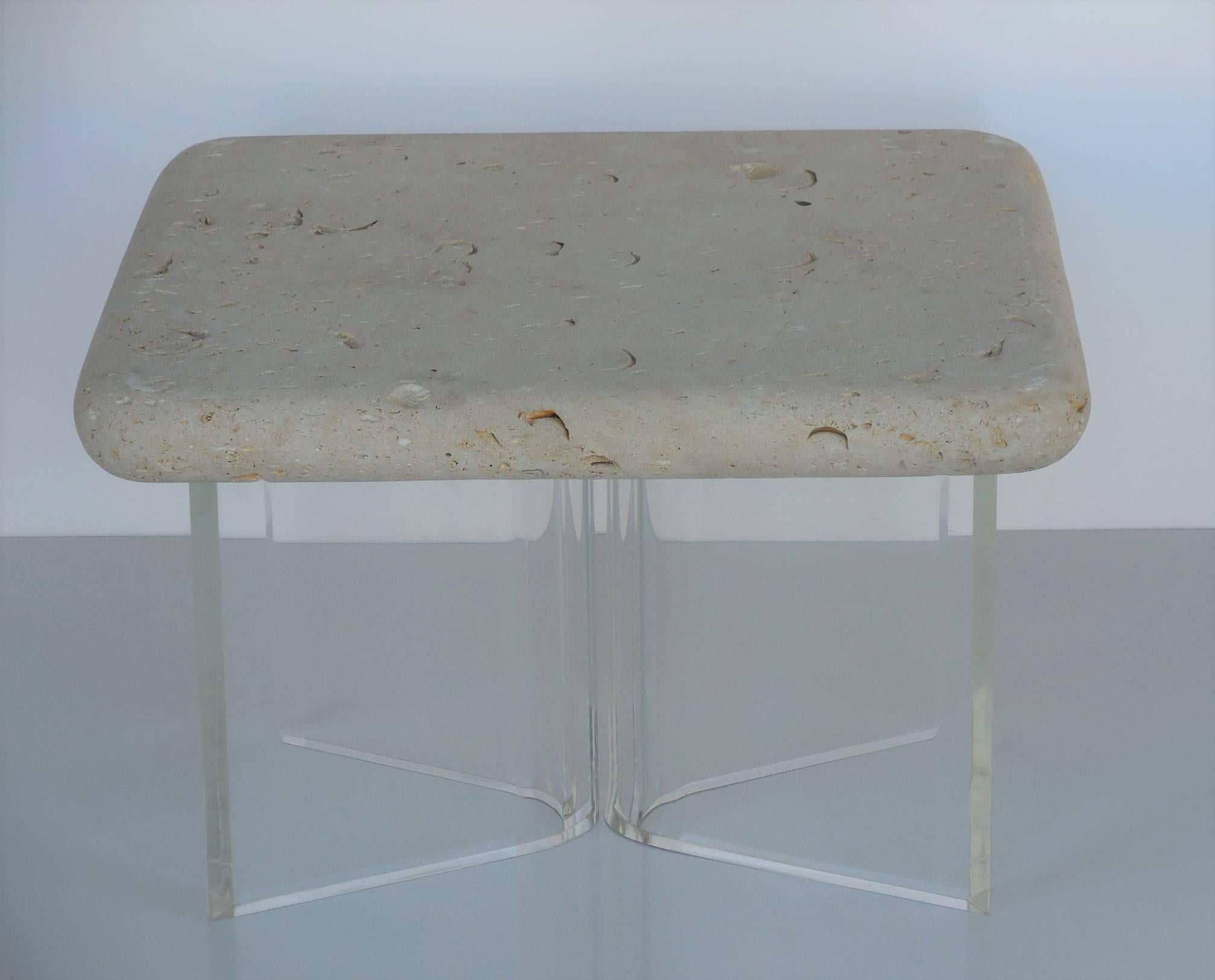 Lucite and Fossil Stone Pair of Side Tables, 1970s In Excellent Condition In Miami, FL