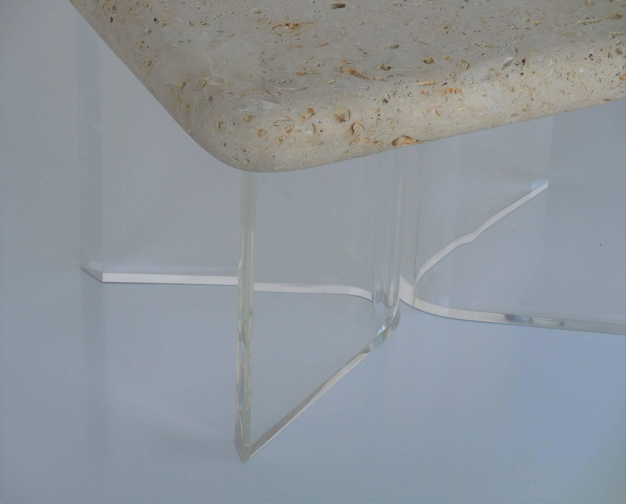 Lucite and Fossil Stone Pair of Side Tables, 1970s 1