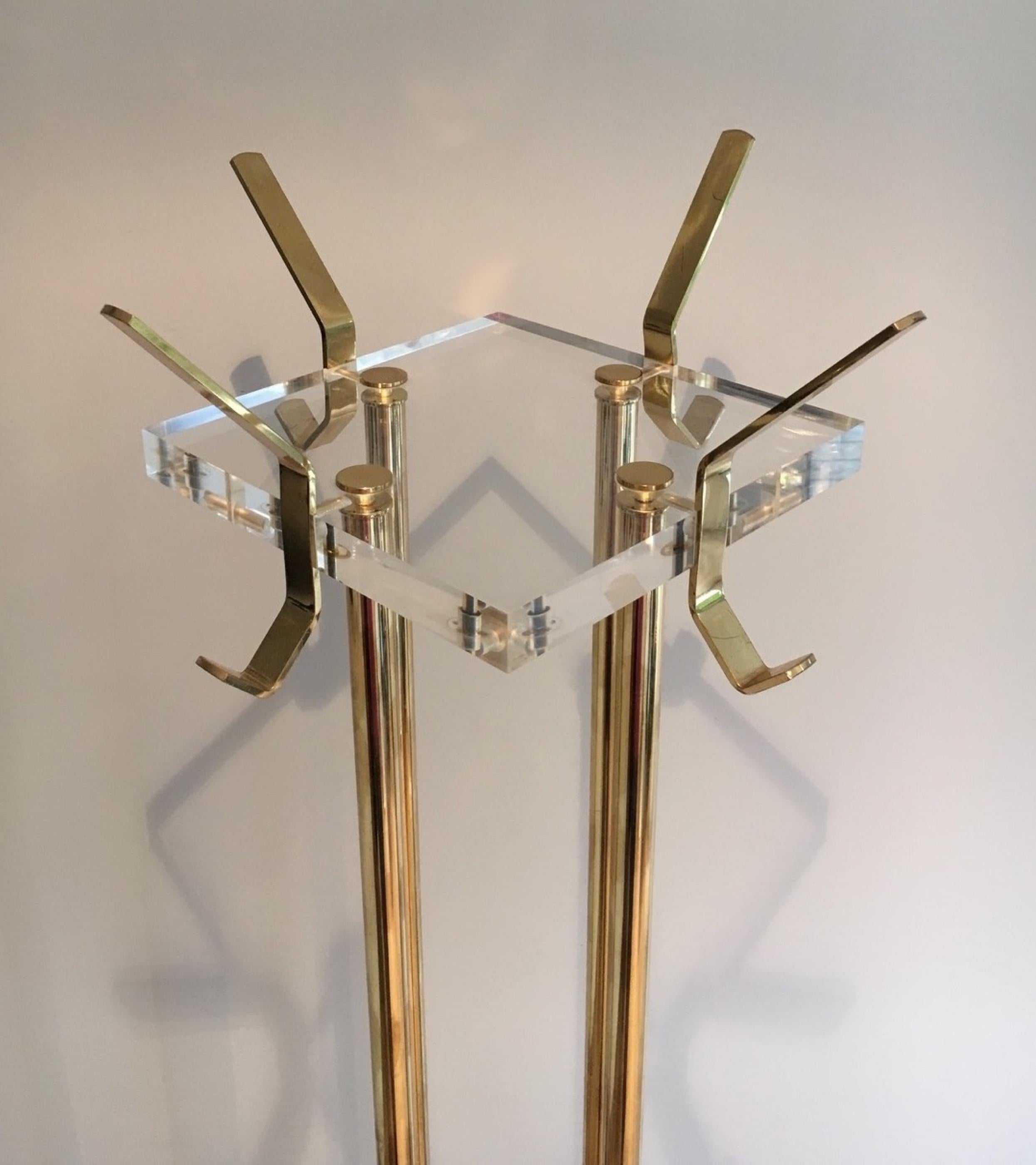 French Lucite and Gild Brass Modernist Coat Rack, circa 1970