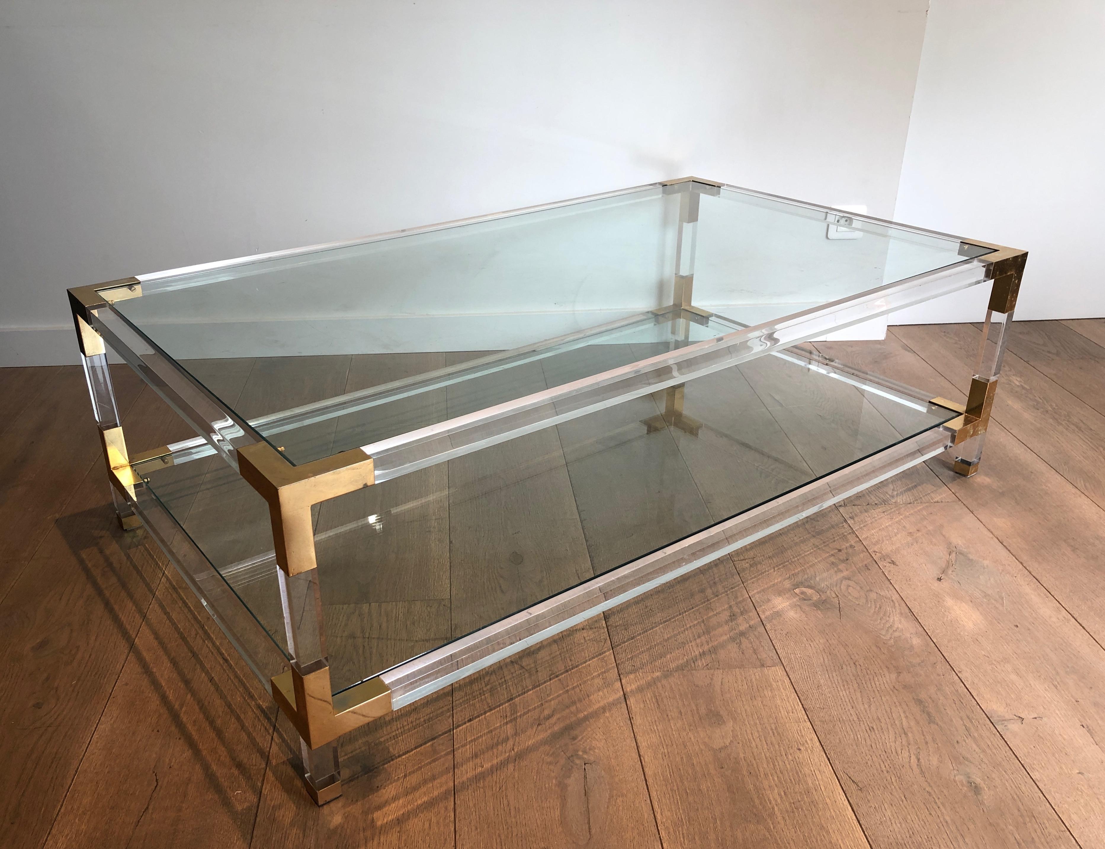 Mid-Century Modern Lucite and Gilt Chrome Coffee Table in the Style of Maison Jansen For Sale