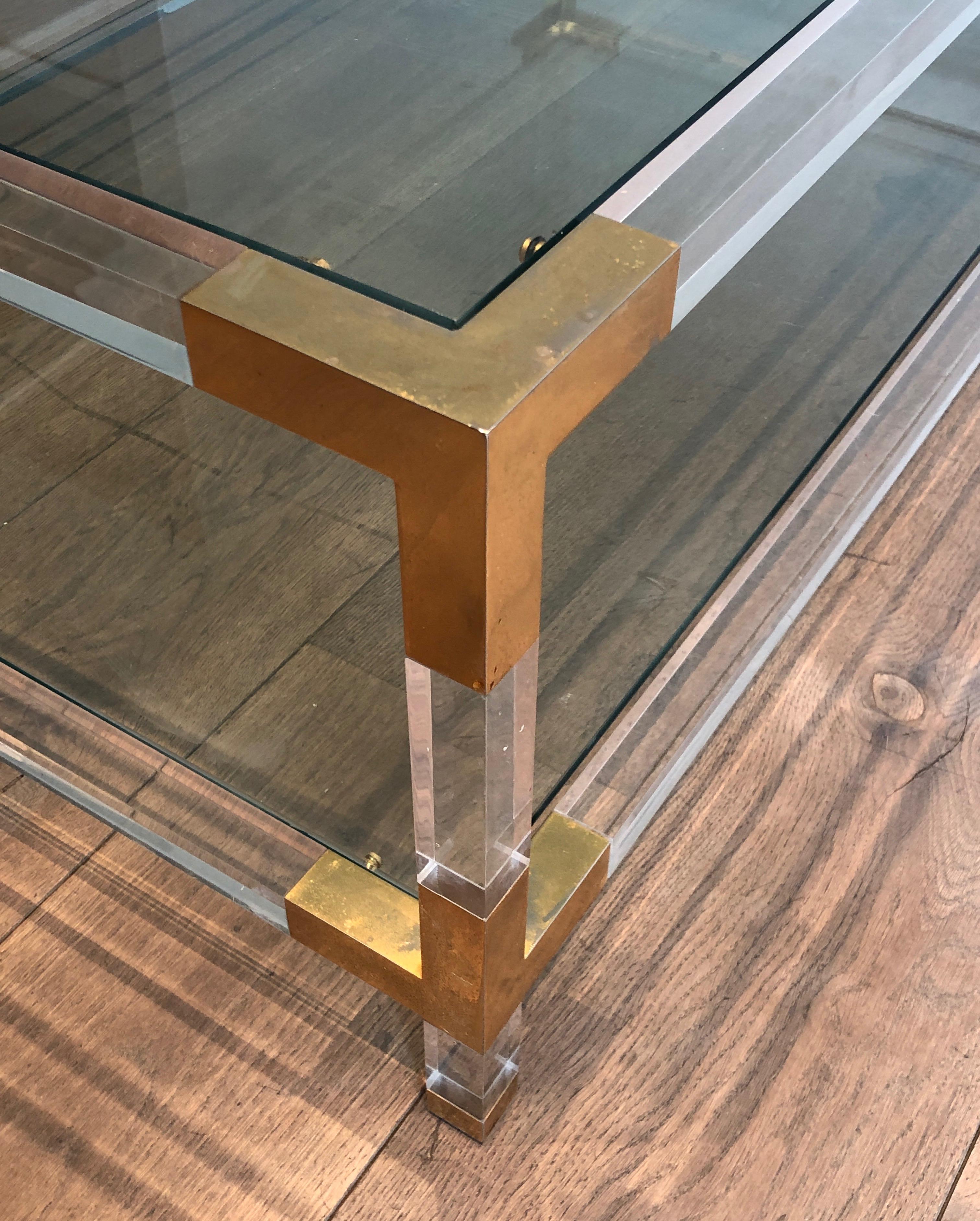 Glass Lucite and Gilt Chrome Coffee Table in the Style of Maison Jansen For Sale