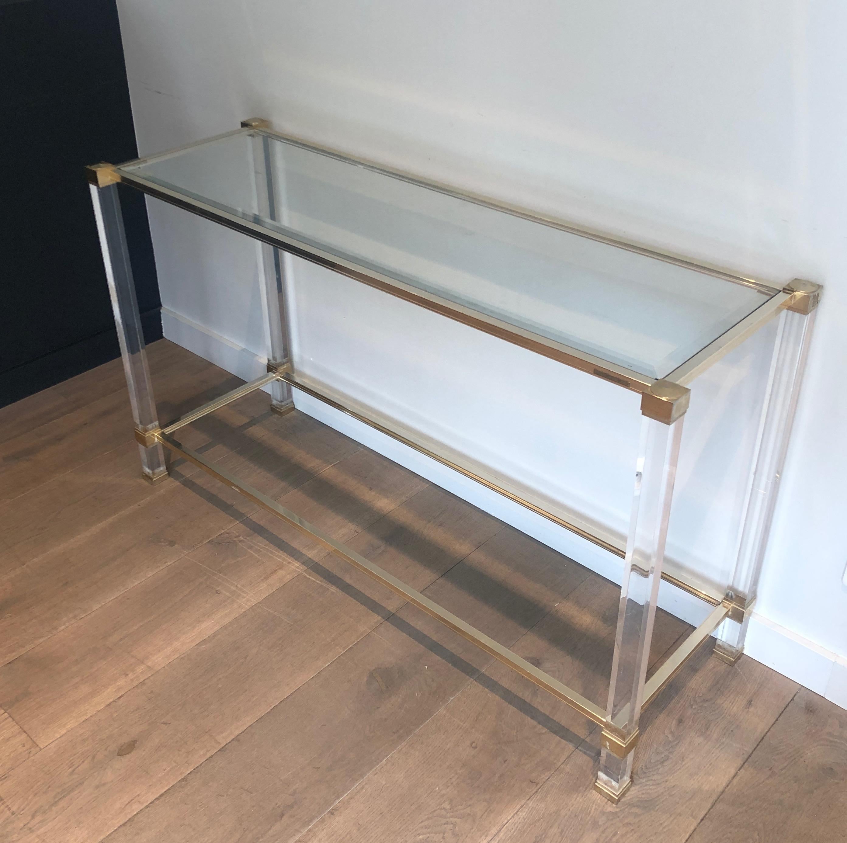 Neoclassical Lucite and Gilt Metal Console by Pierre Vandel, Circa 1970 For Sale