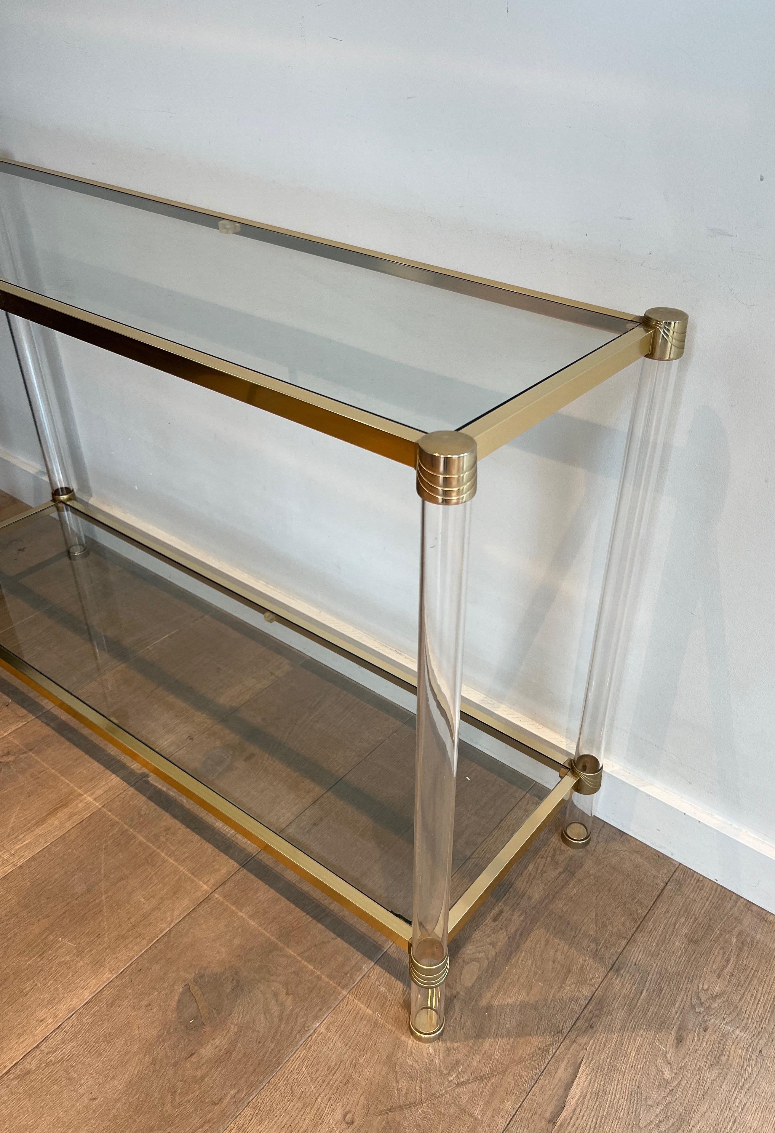 Metal Lucite and gilt metal console. French work Circa 1970 For Sale
