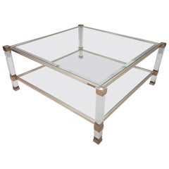 Lucite and Gilt Metal Square Coffee Table by Pierre Vandel, 1970s