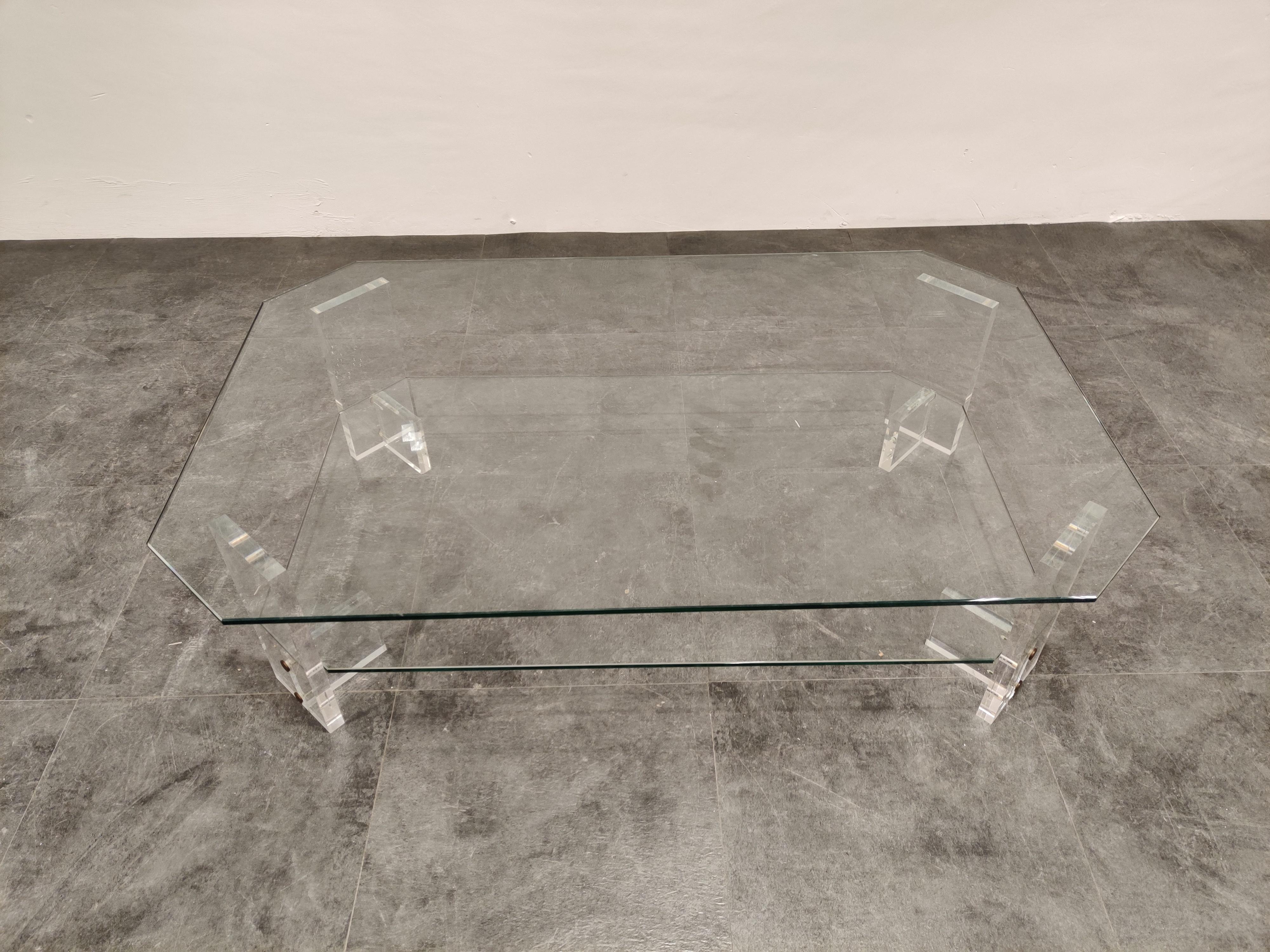 Hollywood Regency Lucite and Glass Coffee Table, 1970s