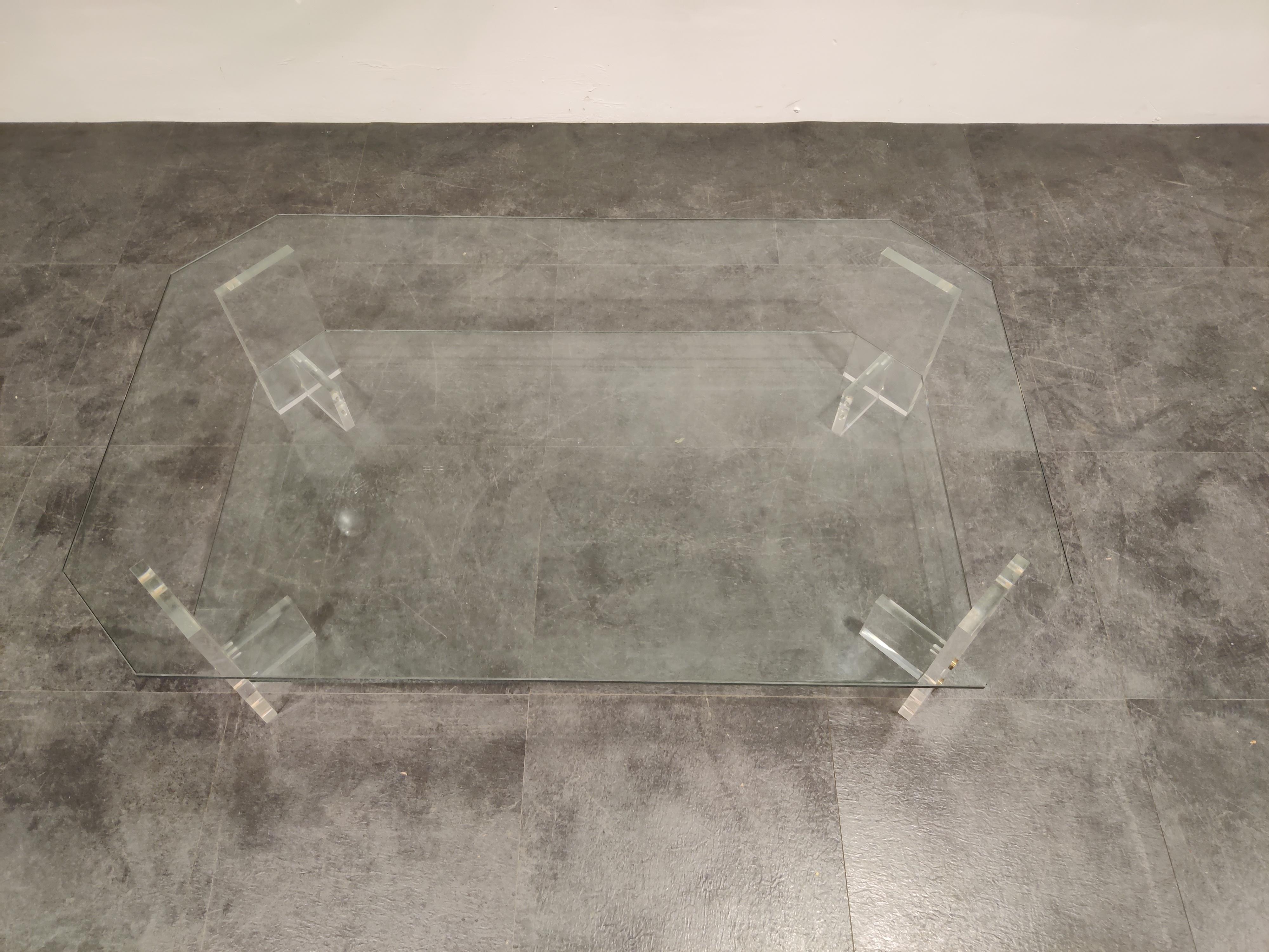 Brass Lucite and Glass Coffee Table, 1970s